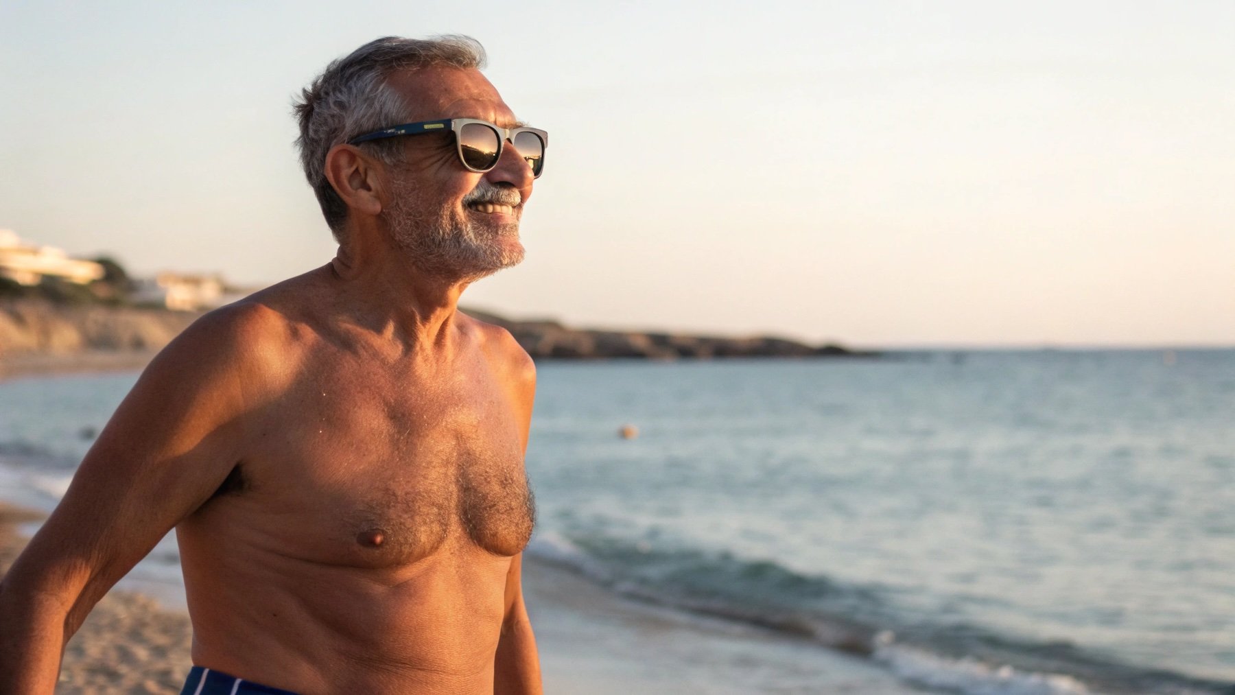 Hombre en la playa, ejercicio, actividad