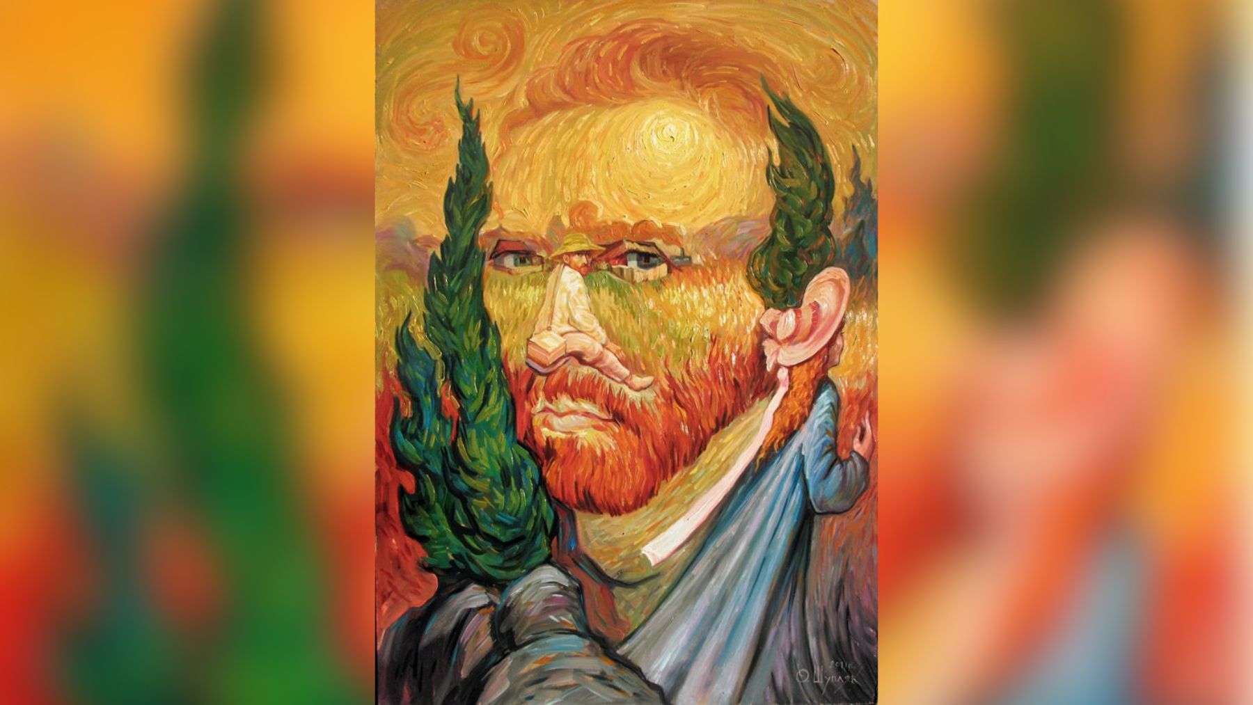 Obra del artista ucraniano Oleg Illich Shupliak que, a través de una ilusión óptica, recrea el rostro de Vincent Van Gogh utilizando elementos rurales.