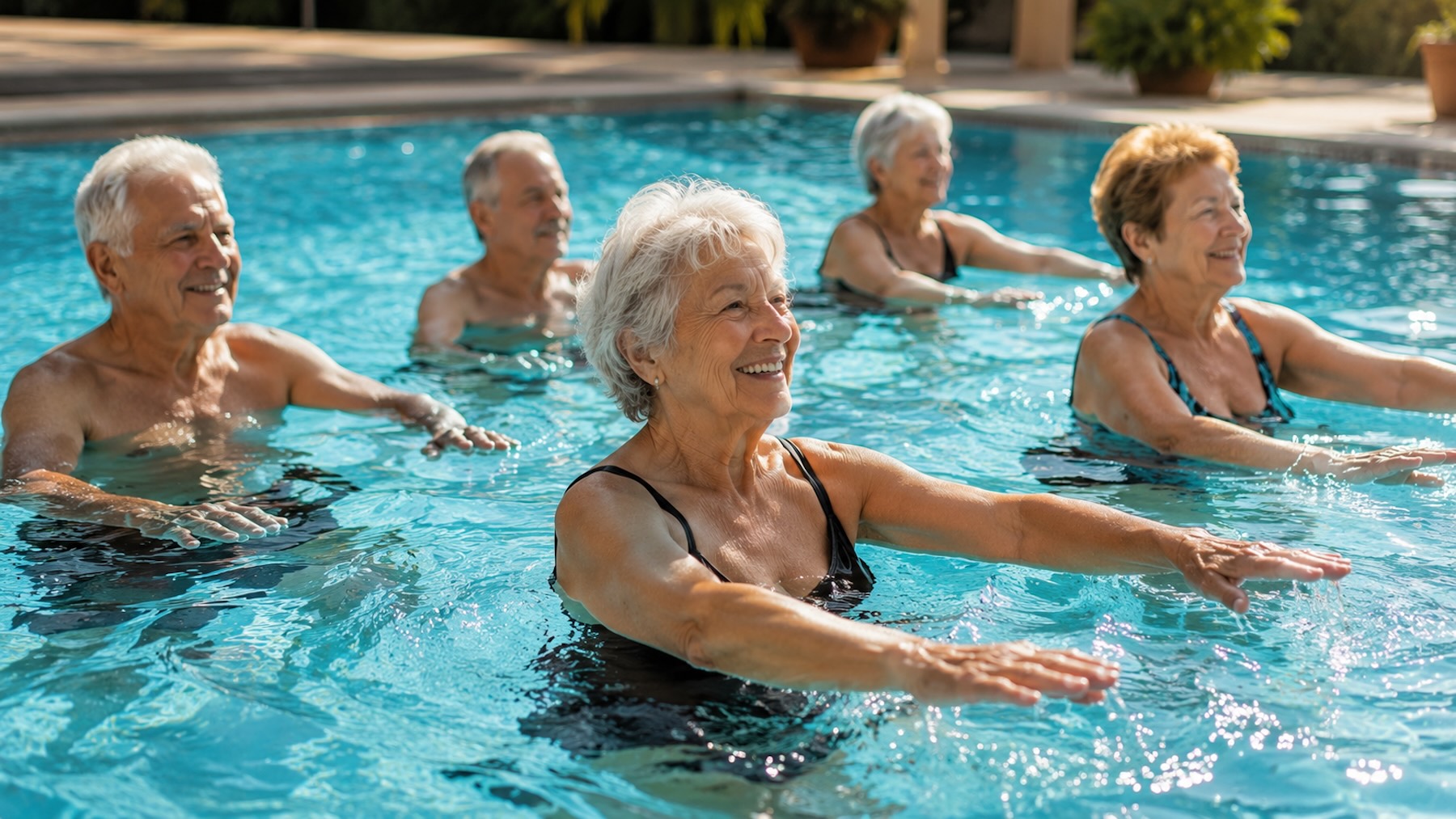 personas mayores, piscina, deporte
