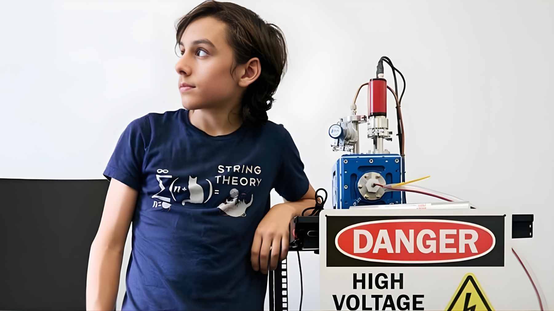 13-year-old Aiden McMillan adjusting the vacuum chamber of his homemade tabletop nuclear fusion reactor.