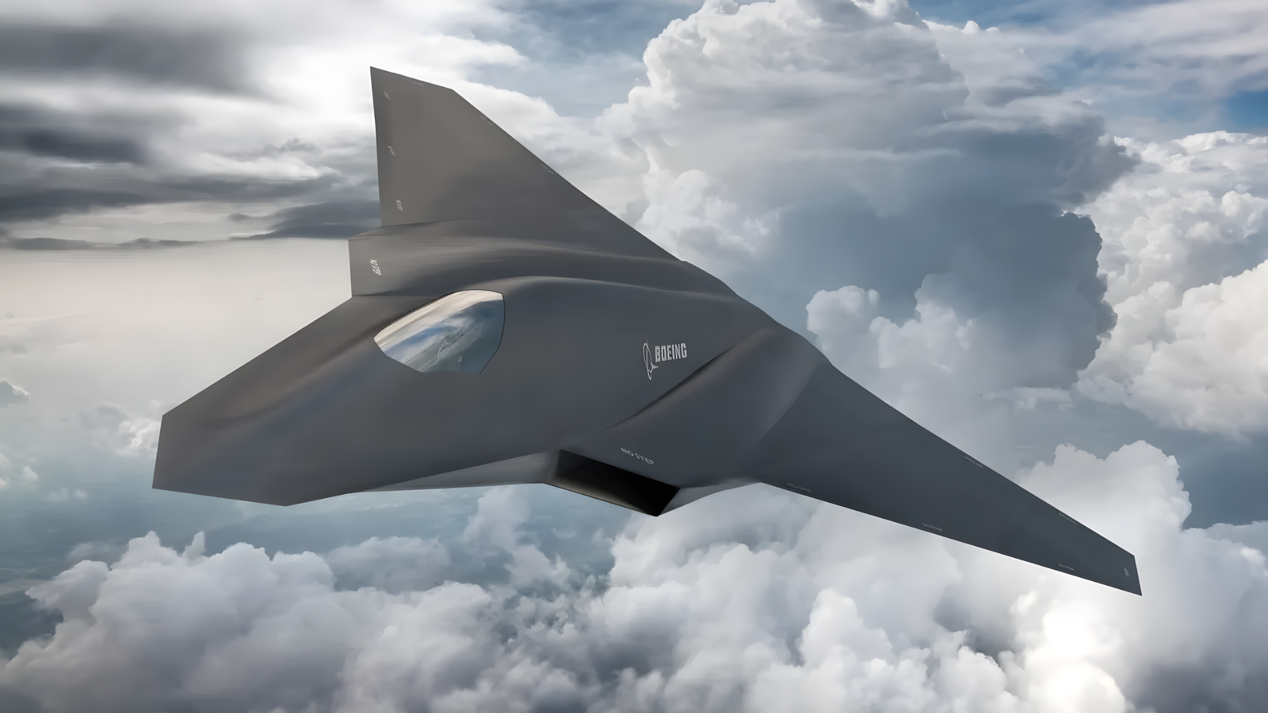 A high-fidelity conceptual rendering of the Boeing F-47 sixth-generation fighter jet, showing its tailless, stealth-optimized design.