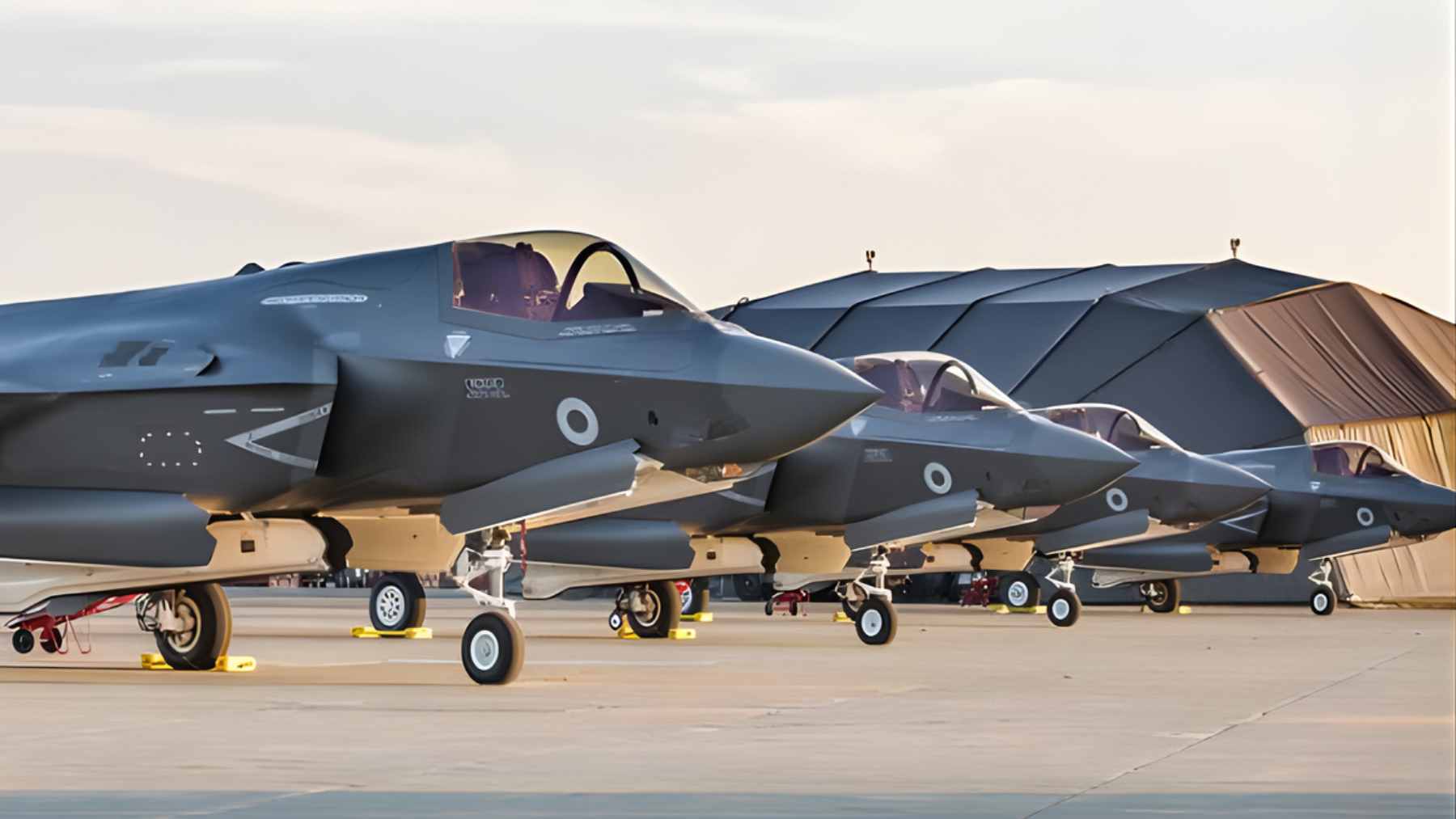 A British Royal Air Force F-35B Lightning II stealth fighter jet engaged in a combat patrol mission.