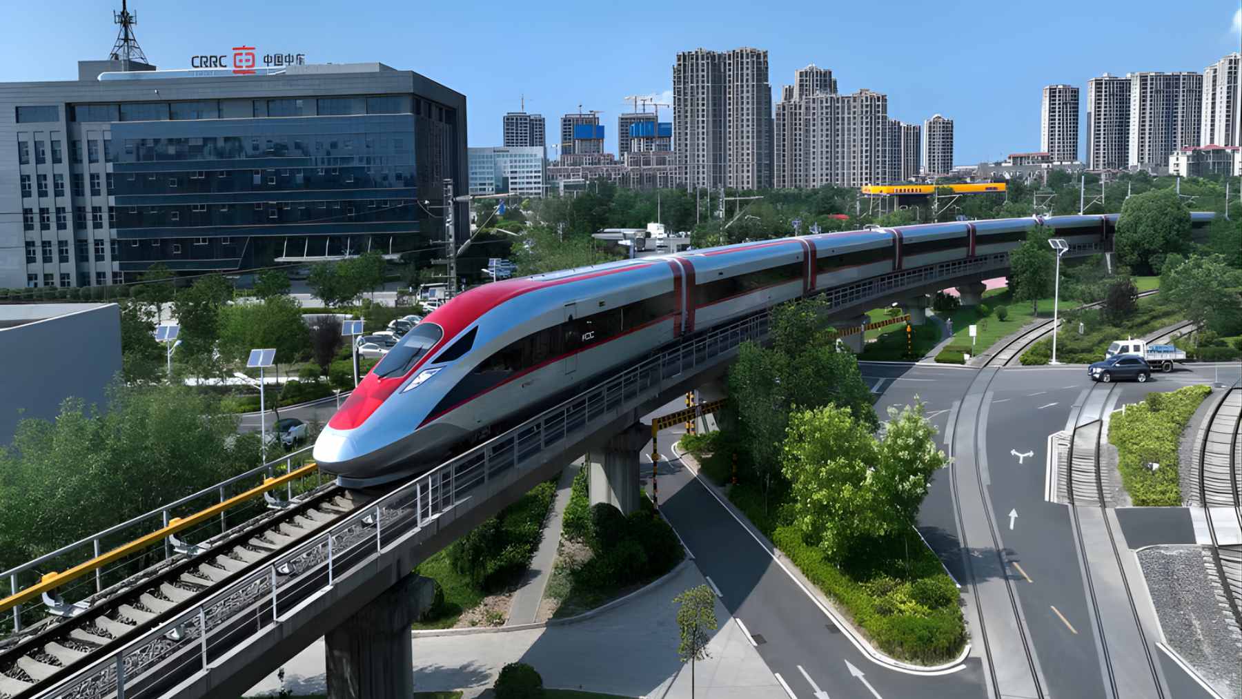 A sleek, futuristic CR450 high-speed train traveling rapidly along an elevated railway track in China.