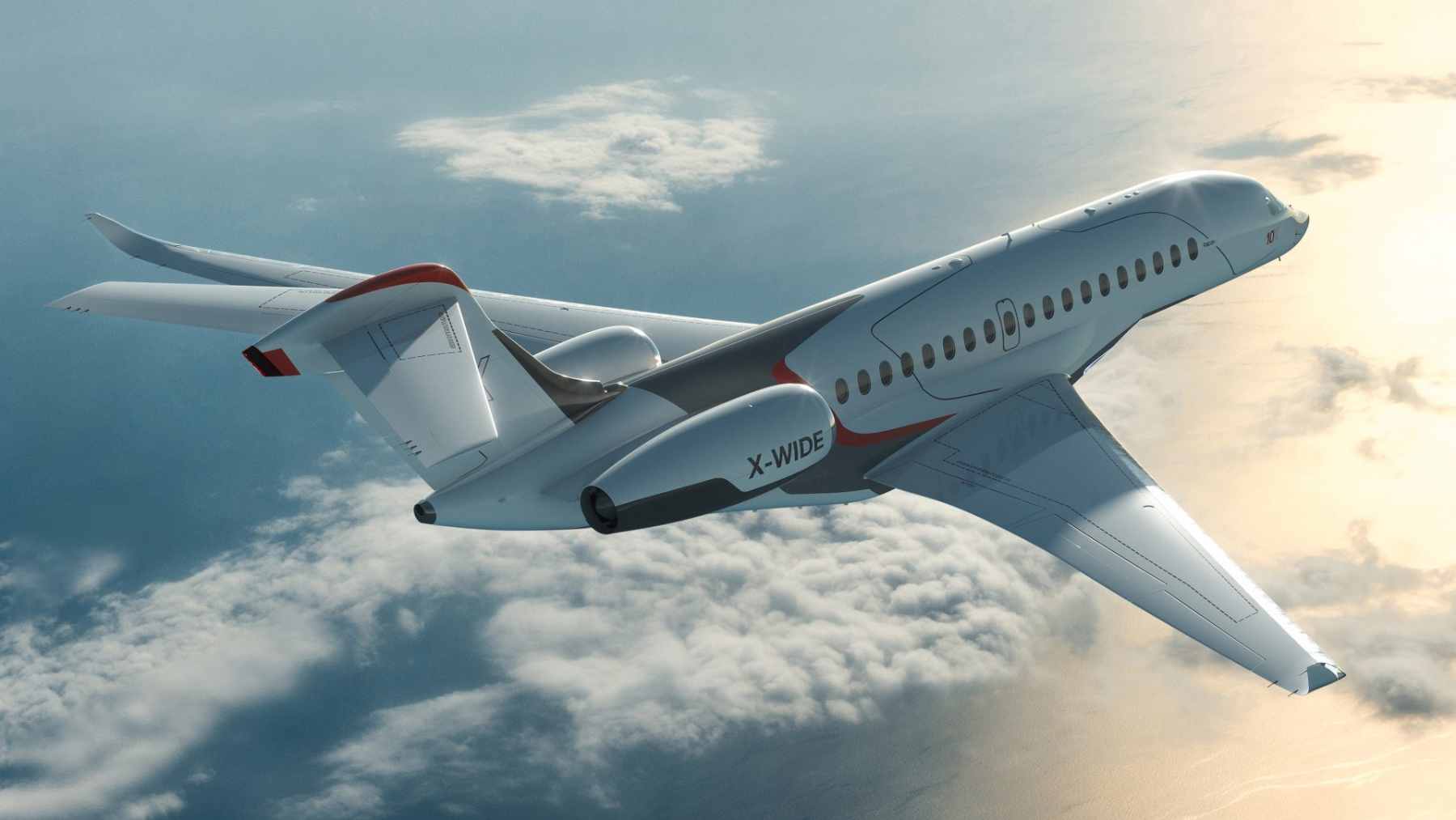 The Dassault Falcon 10X private jet in flight, showcasing its new aerodynamic design and Rolls-Royce Pearl 10X engines.