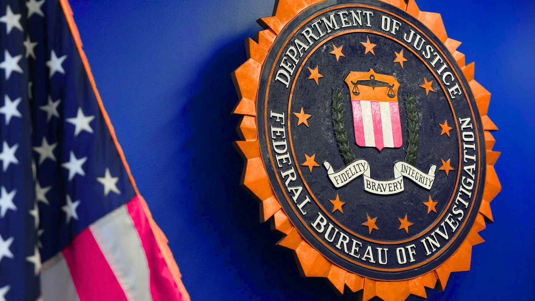 FBI seal at the Department of Justice building as the agency warns about a wave of ATM robberies using cardless cash methods