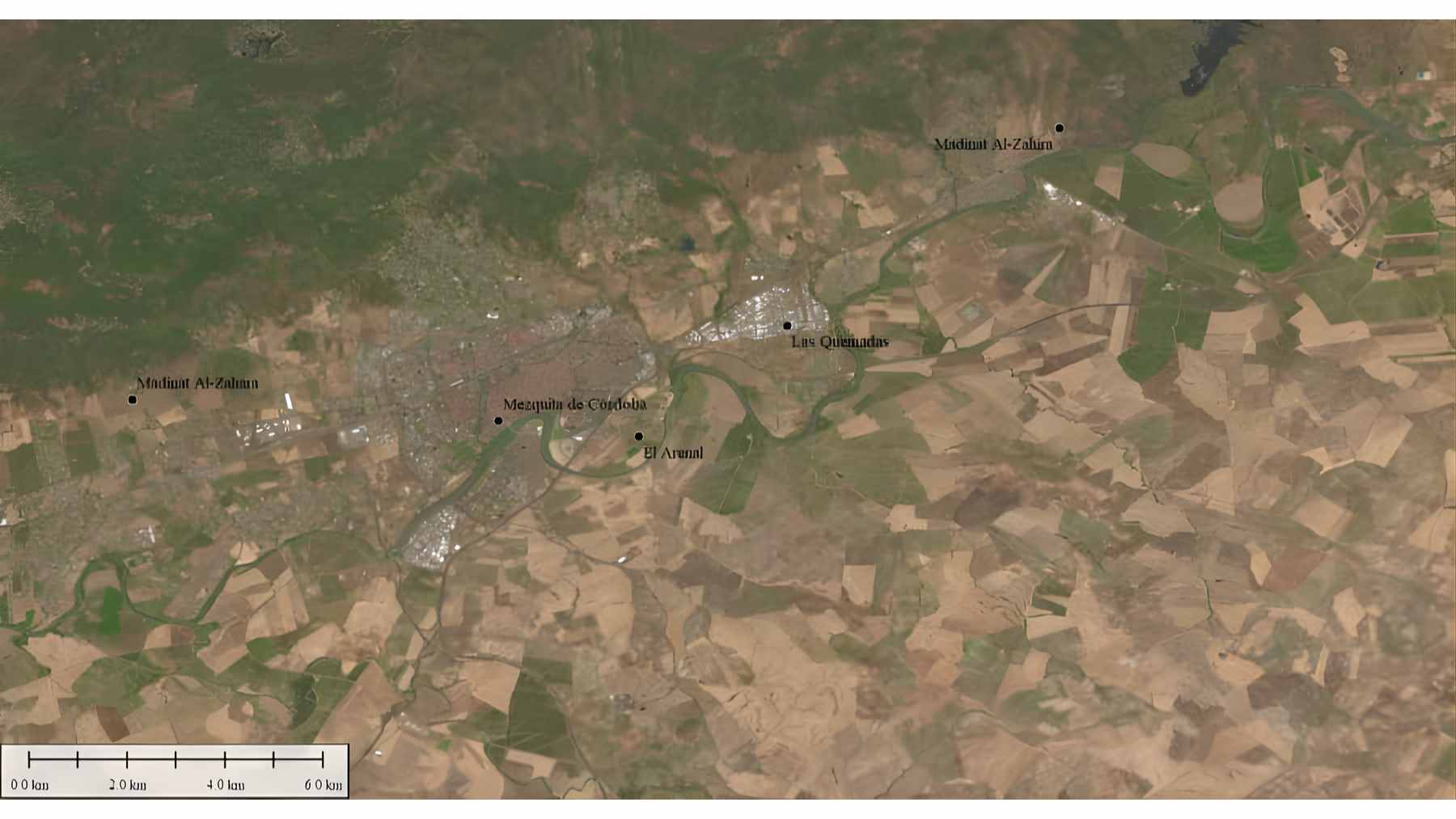 A digital elevation model generated by LiDAR showing the rectangular urban grid and terraces of a buried city in the hills of Córdoba.