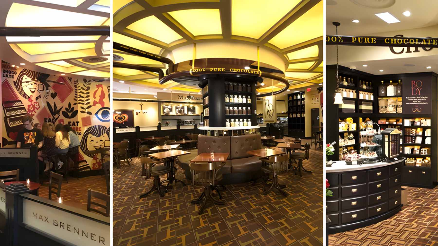 The exterior storefront of the Max Brenner chocolate restaurant in Union Square, New York City.