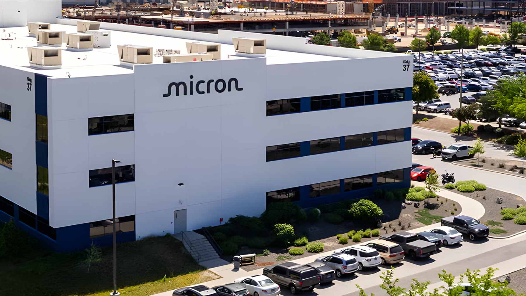 A close-up of a Micron high-bandwidth memory (HBM) chip used in AI data centers, reflecting the company's 2026 revenue surge.