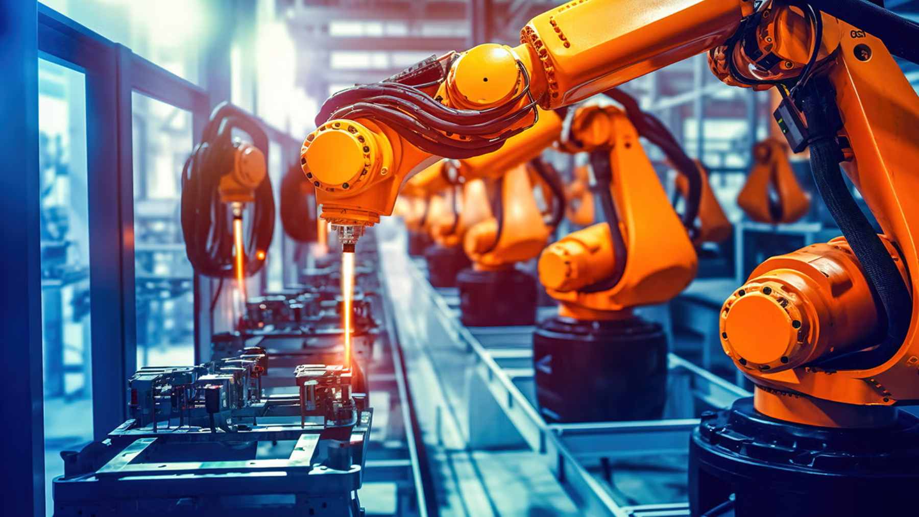 A row of orange industrial robotic arms on an automated assembly line using laser precision to manufacture electronic components.