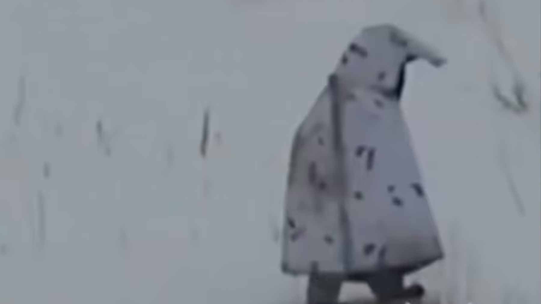 A Russian soldier wearing an experimental white "Penguin" thermal camouflage suit in a snowy field in Ukraine.