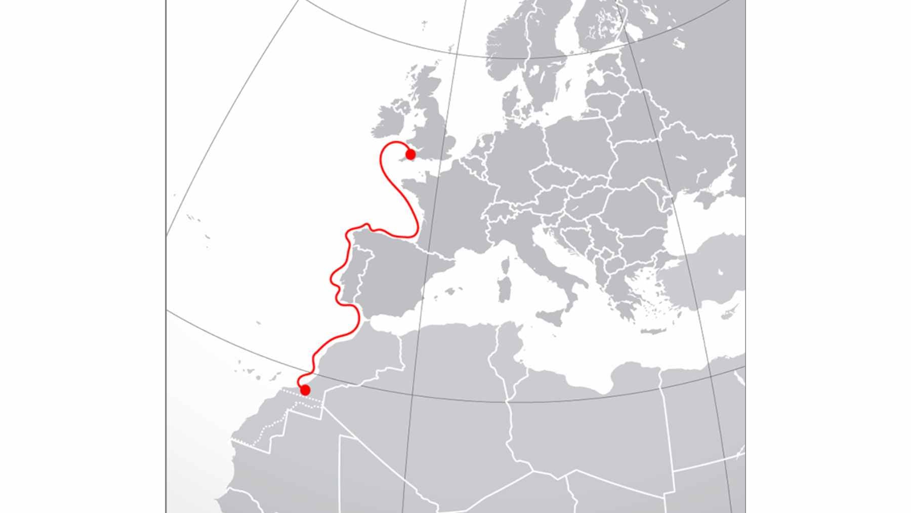 A conceptual map of the Sila Atlantik high-voltage direct current (HVDC) cable route from Morocco to Germany along the Atlantic coast.