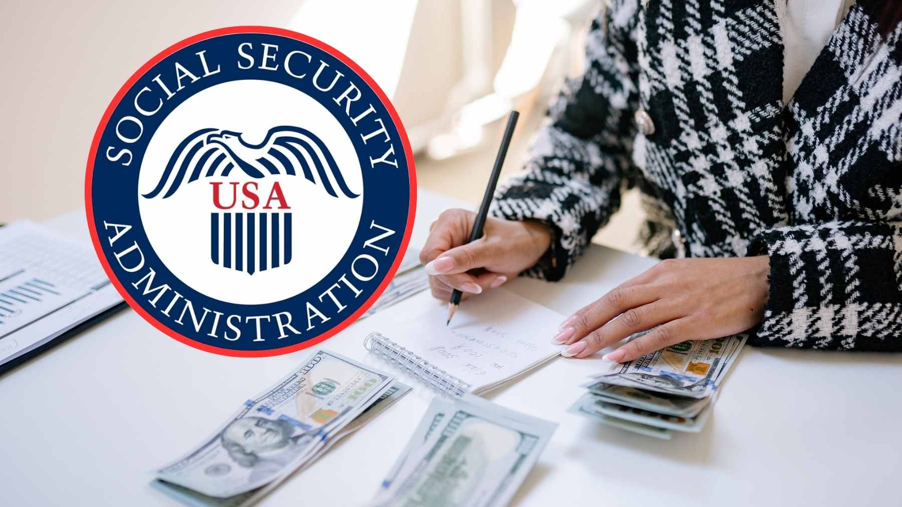 A close-up of a senior citizen reviewing a Social Security benefit statement and a calculator at a kitchen table.