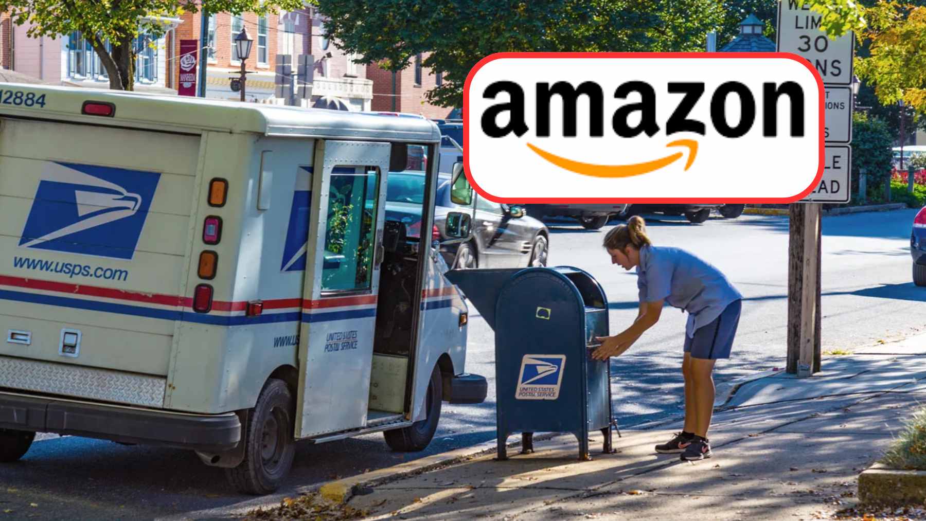 An Amazon Prime delivery van parked directly behind a familiar white postal truck on a suburban street.