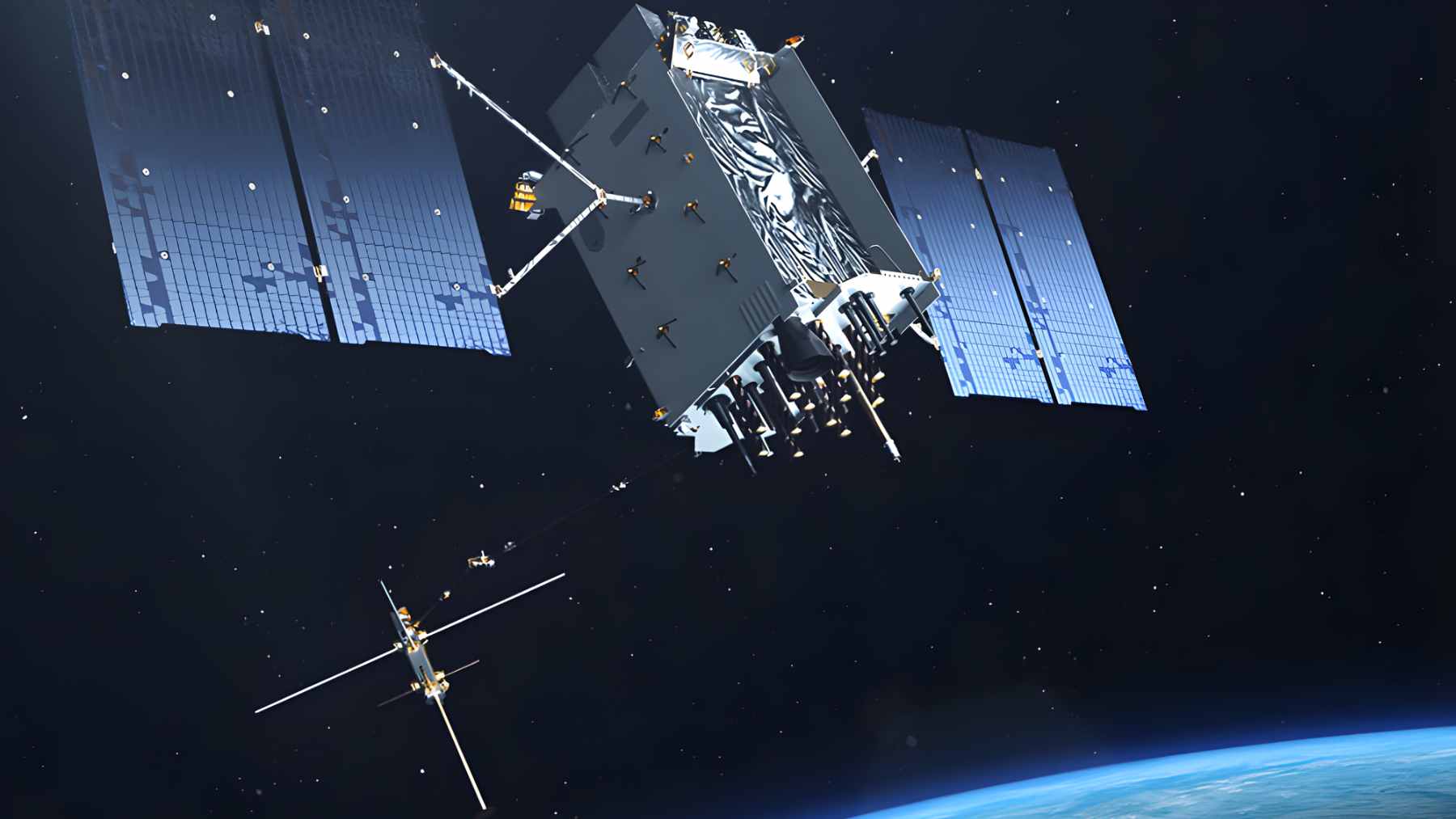 A rendering of a modern U.S. Space Force GPS III satellite orbiting high above the Earth.