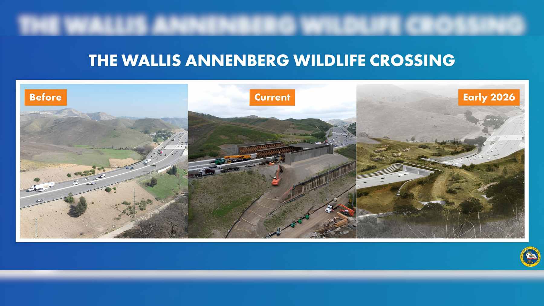 An architectural rendering of a lush, plant-covered wildlife bridge spanning across a busy multi-lane highway in Southern California.