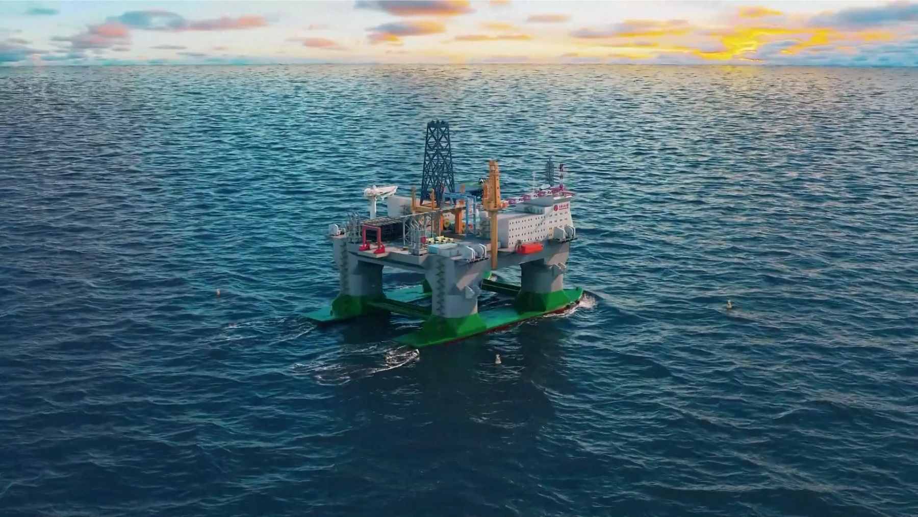 A futuristic, massive semi-submersible research platform floating in the deep ocean.