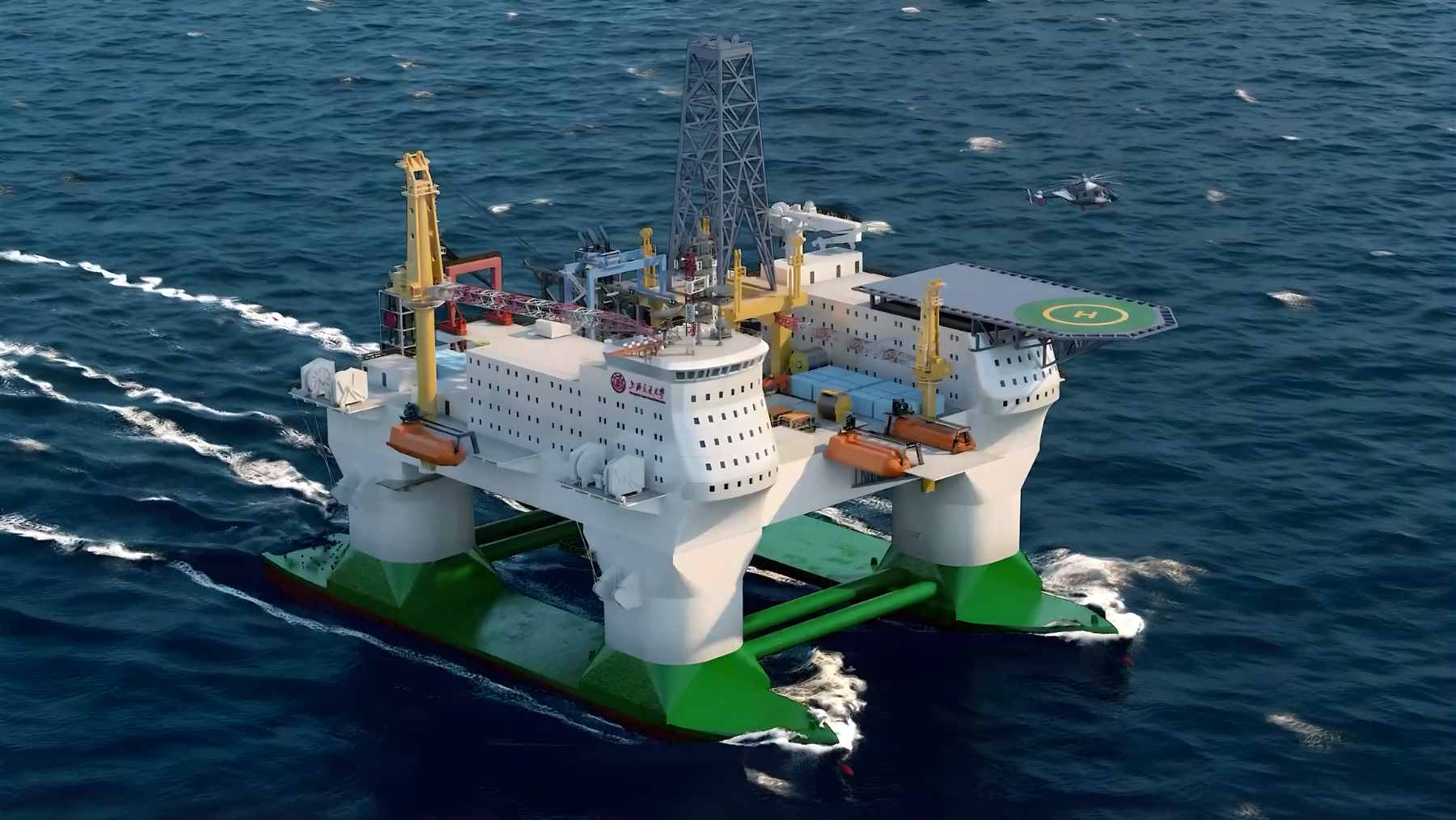 A futuristic, massive semi-submersible research platform floating in the deep ocean.