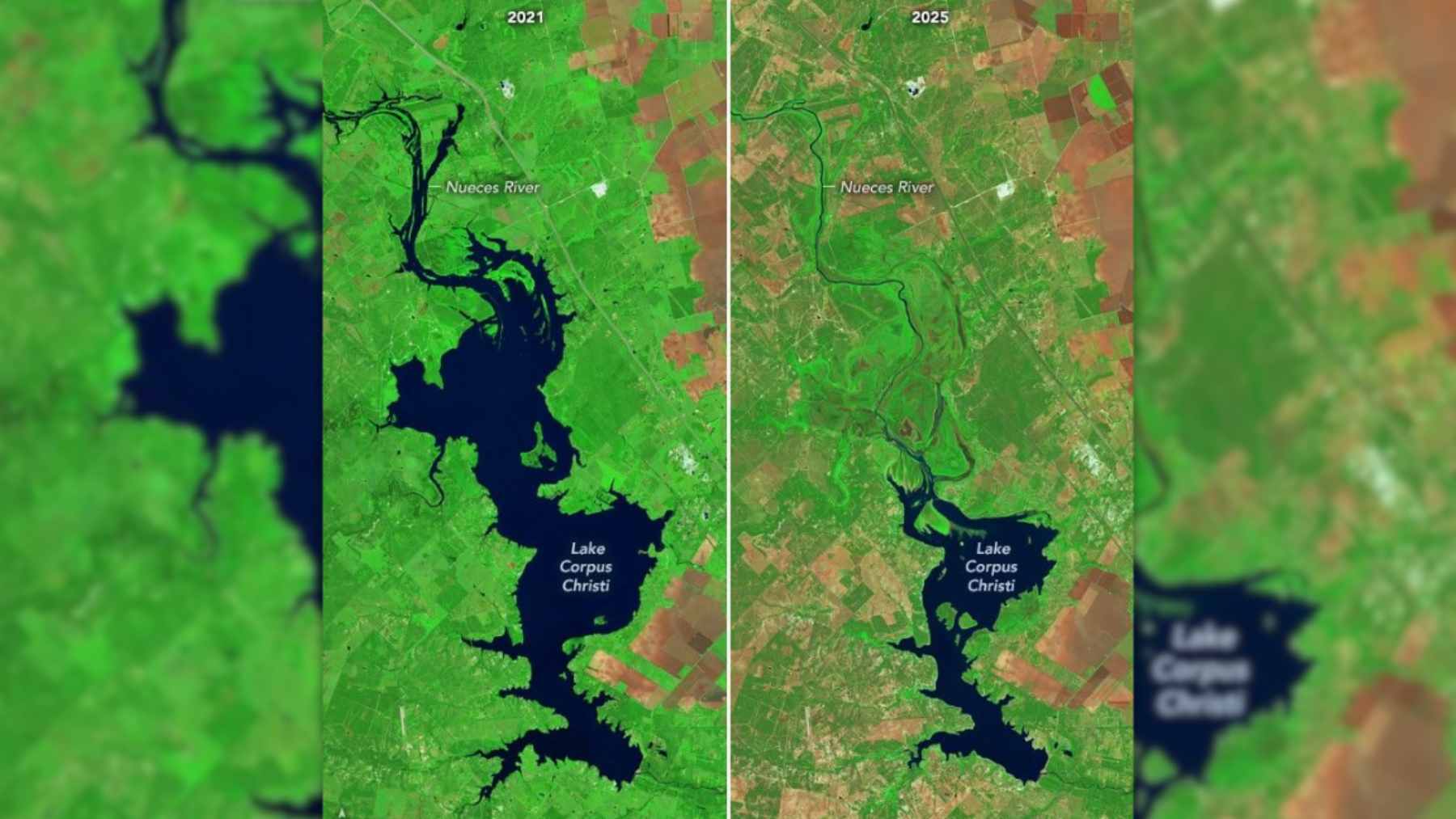 An aerial view of the parched shoreline at Lake Corpus Christi, showing receding water levels and exposed lakebed during the Stage 3 drought.