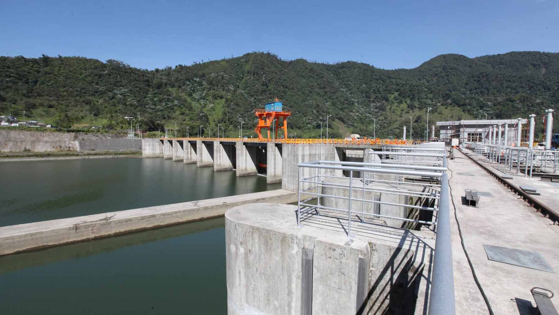 An aerial view of the massive Coca Codo Sinclair hydroelectric dam facility situated on the Coca River in Ecuador.