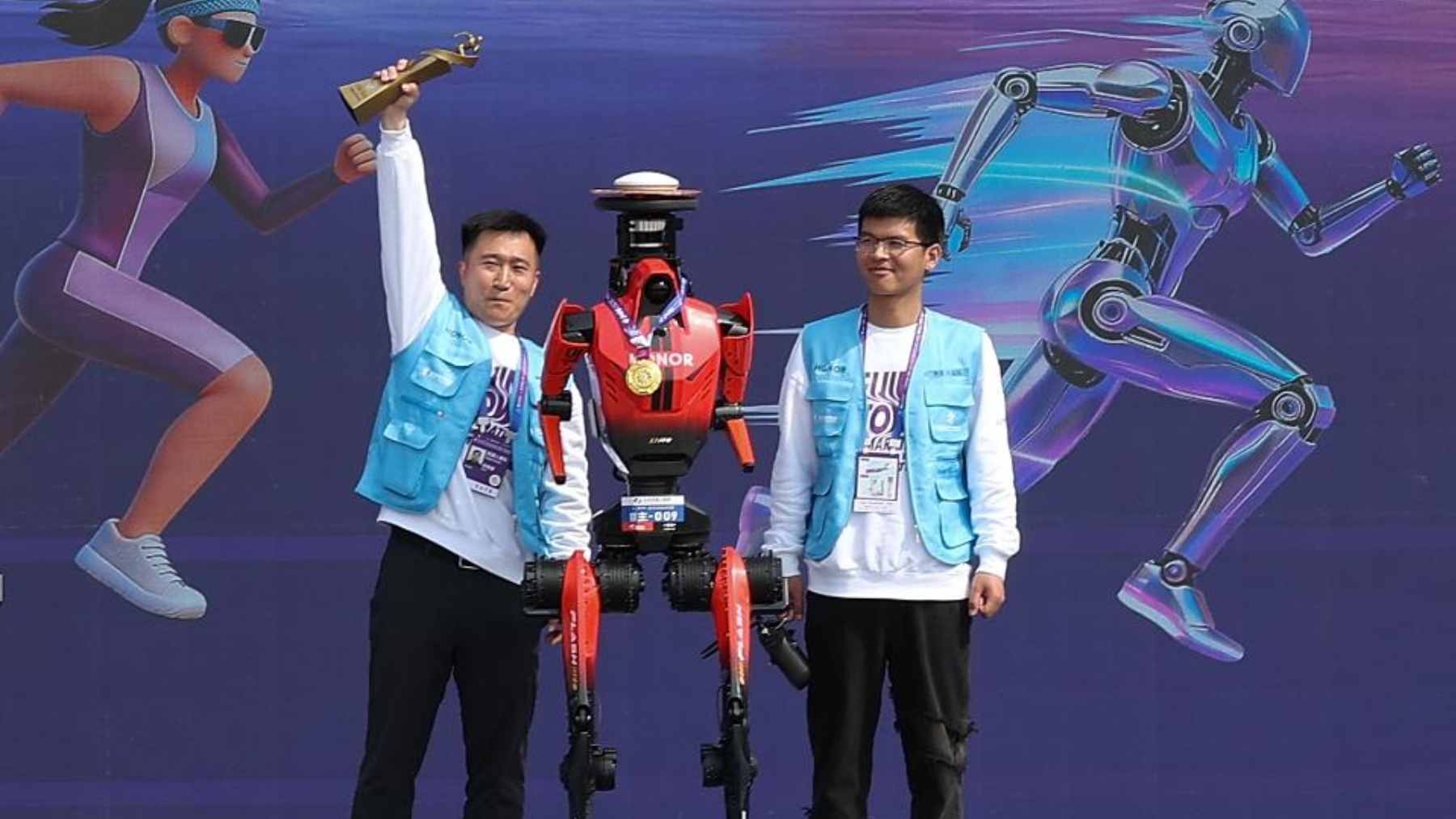 An advanced autonomous humanoid robot running on a paved city street during a half-marathon race.