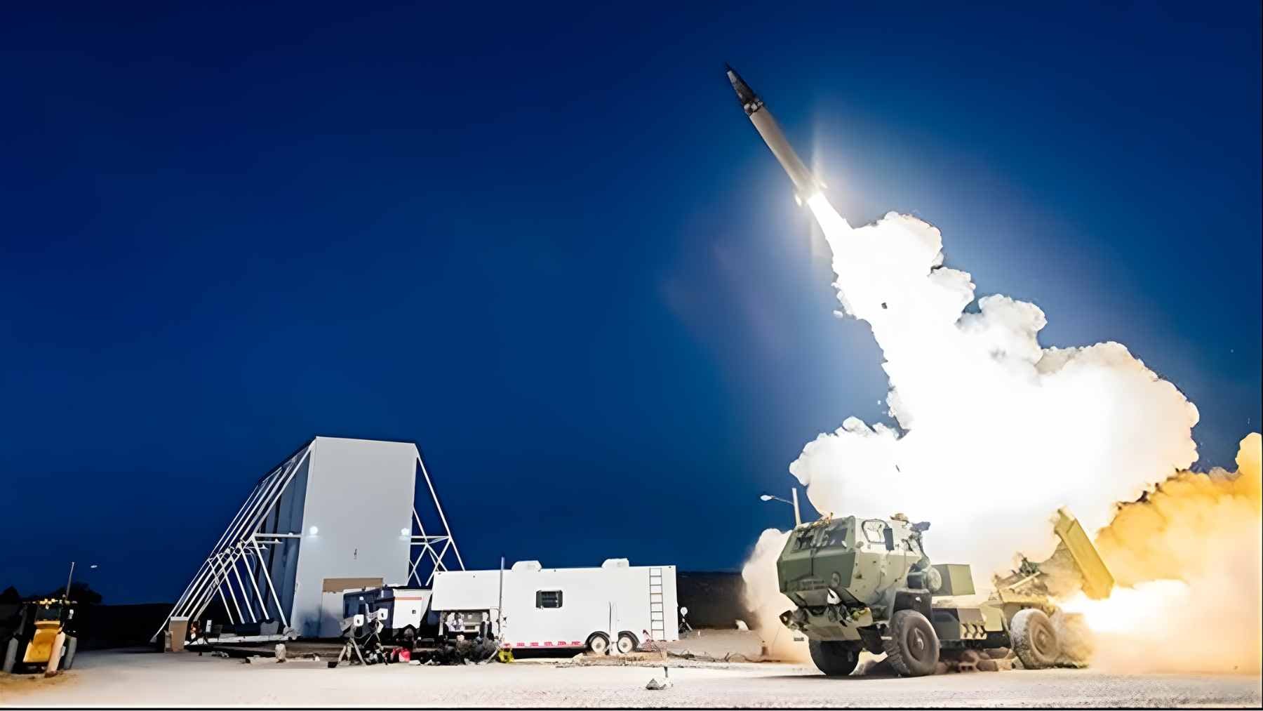 A Lockheed Martin Precision Strike Missile (PrSM) being launched from a HIMARS mobile platform during a military exercise.
