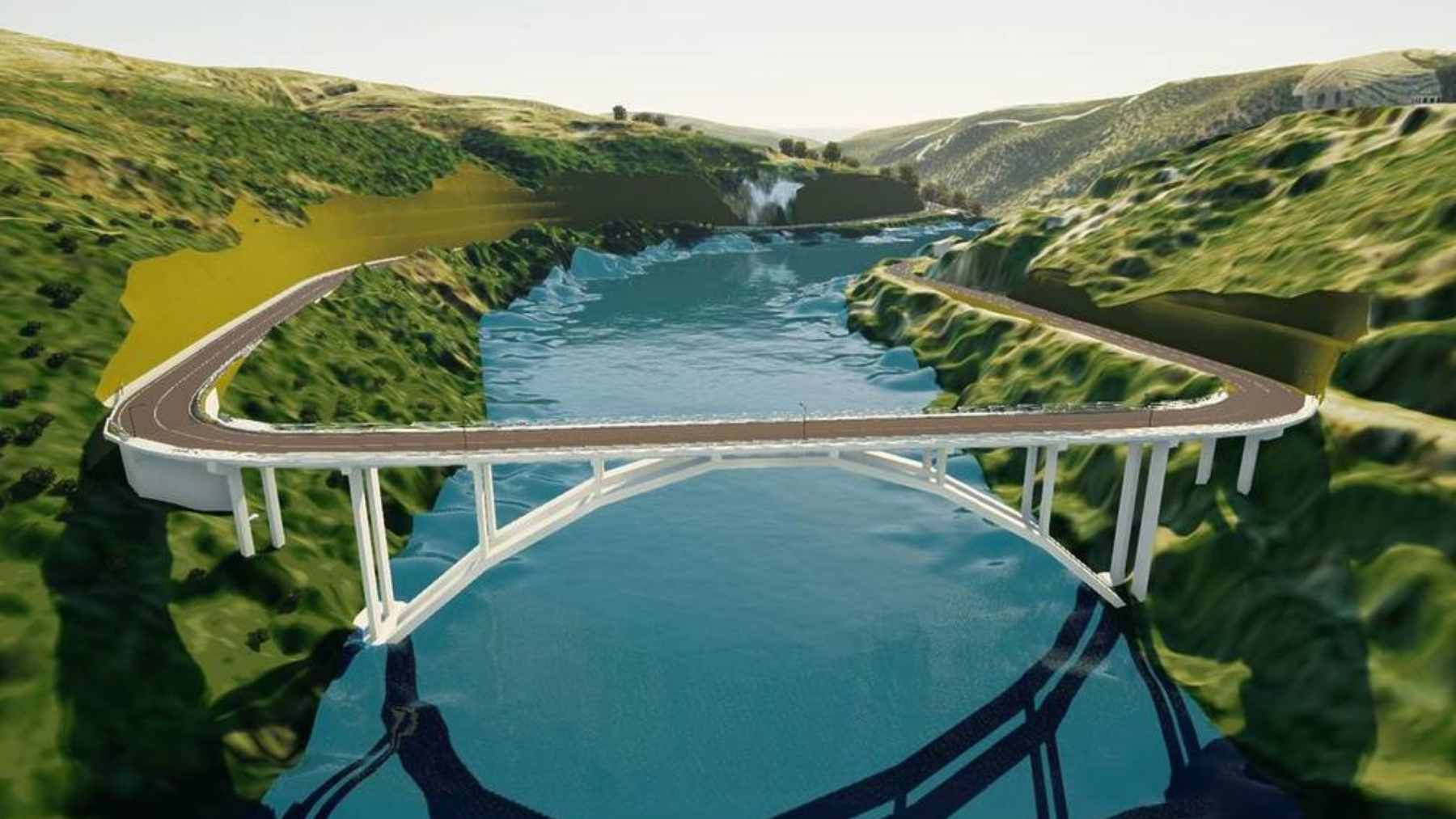 A modern twin-arch concrete bridge spanning the River Sever, connecting the rural border towns of Spain and Portugal.