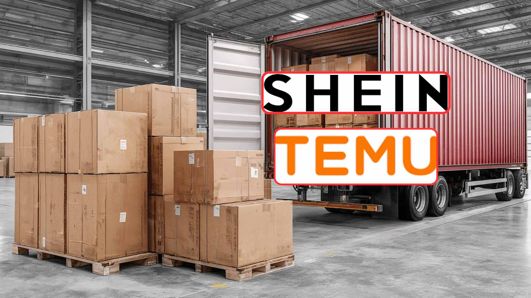 A mountain of cheap cardboard shipping packages representing low-value fast fashion imports from companies like Shein and Temu.