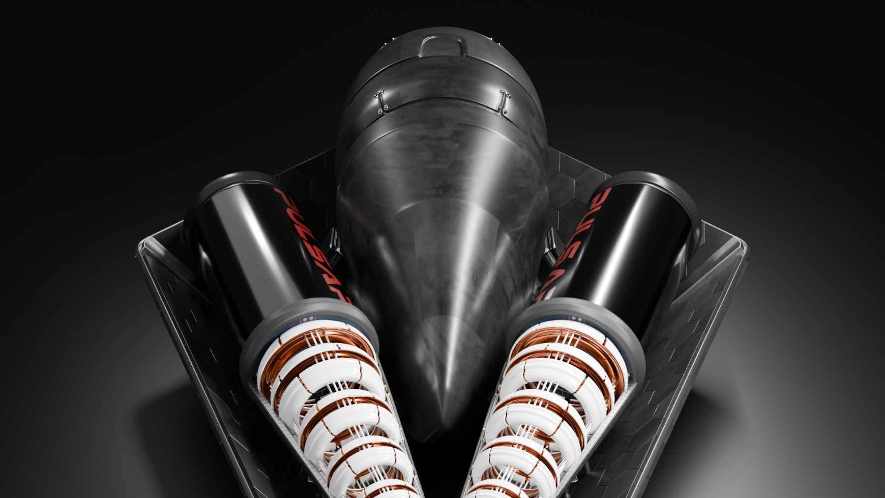 A bright purple and blue plasma plume glowing from the exhaust nozzle of a prototype fusion rocket engine during a laboratory test.