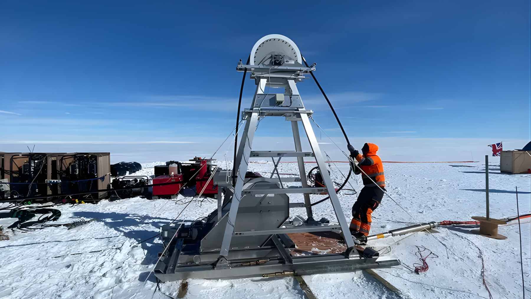 An underwater conceptual rendering of a massive, flexible curtain anchored to the seabed blocking warm ocean currents from reaching a glacier.