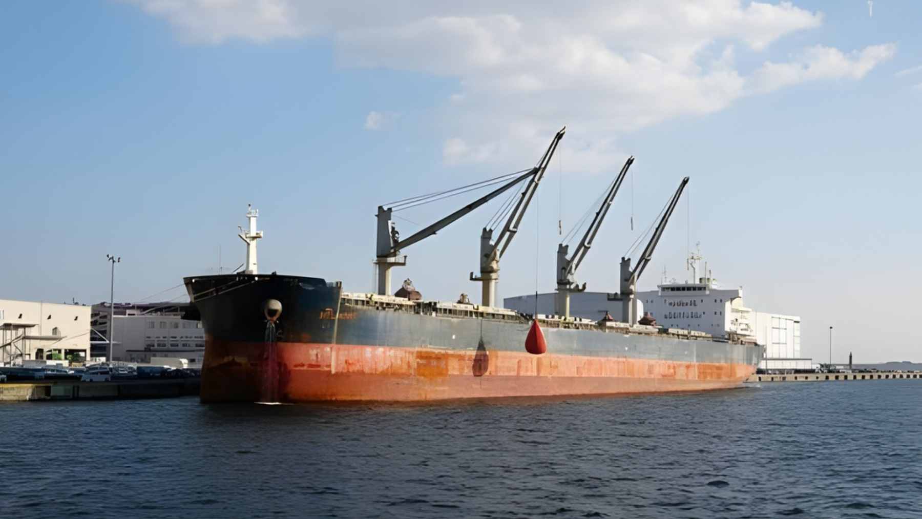A massive commercial tanker ship sailing smoothly across the open ocean, leaving a white wake behind it.