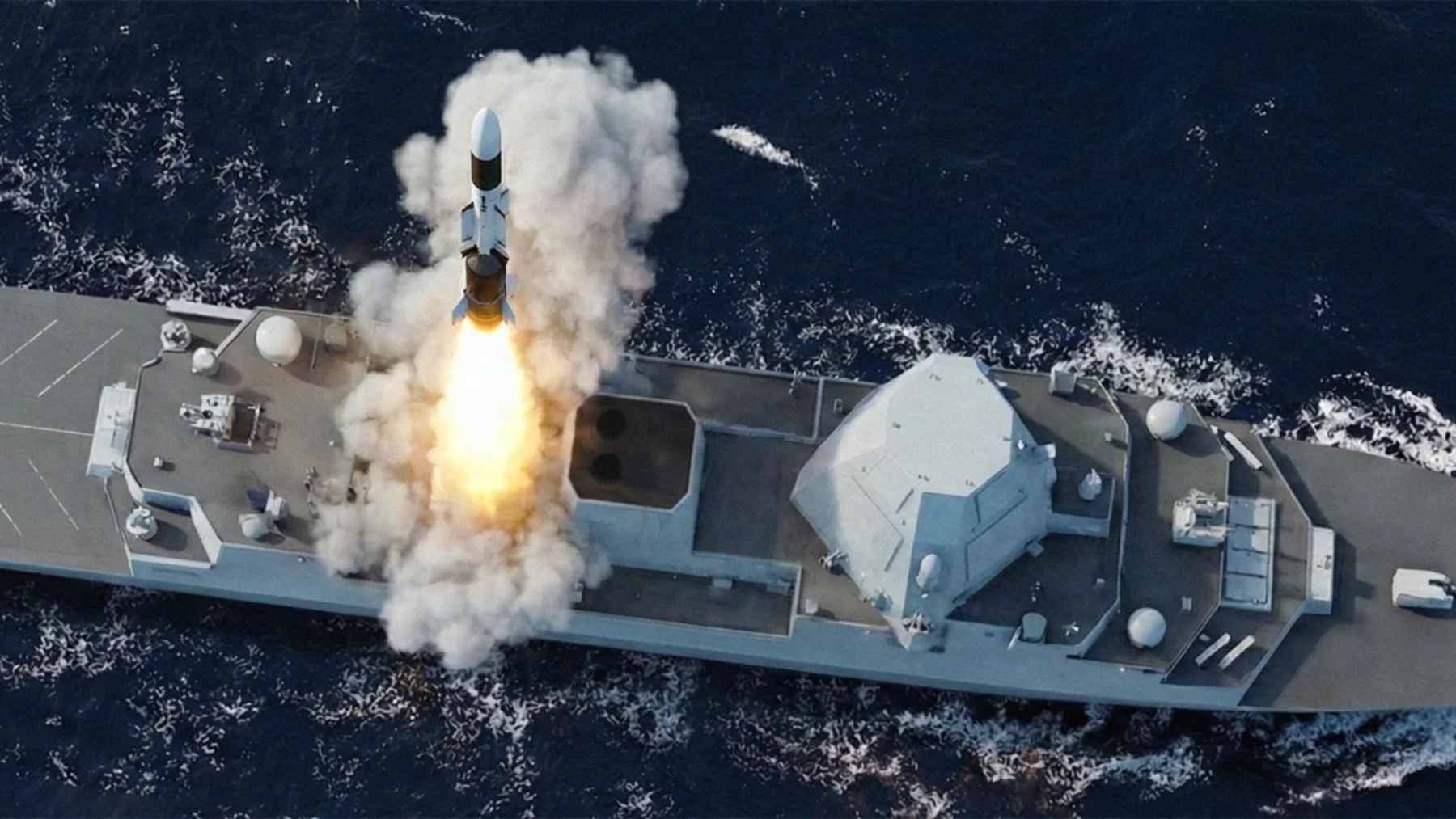 A U.S. Navy Arleigh Burke-class destroyer launching a missile from its Mk 41 Vertical Launch System.
