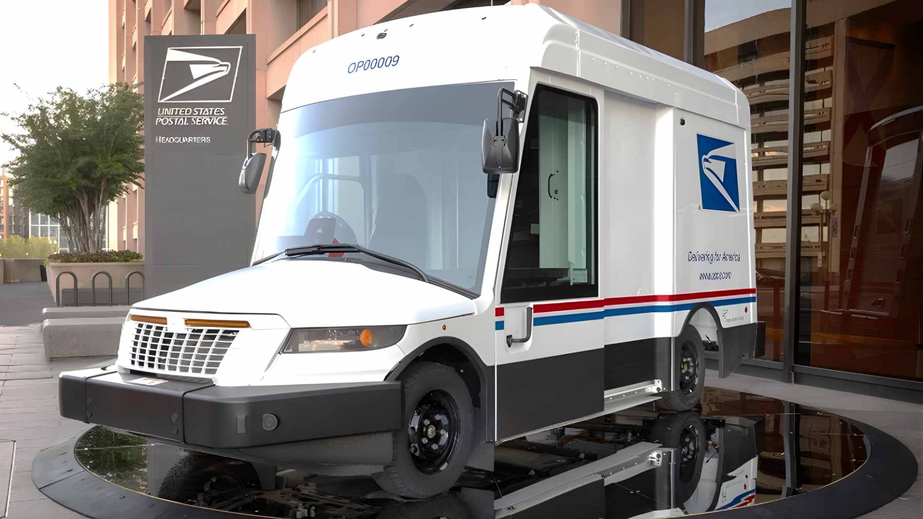 A white United States Postal Service delivery truck parked on a residential street during a package delivery route.