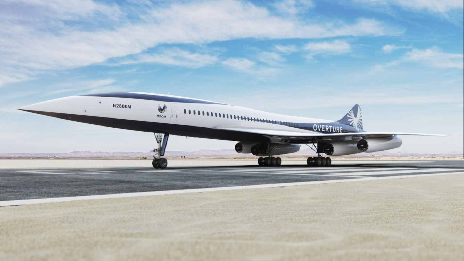 A sleek Boom Supersonic Overture passenger jet soaring high above the clouds in the upper stratosphere.