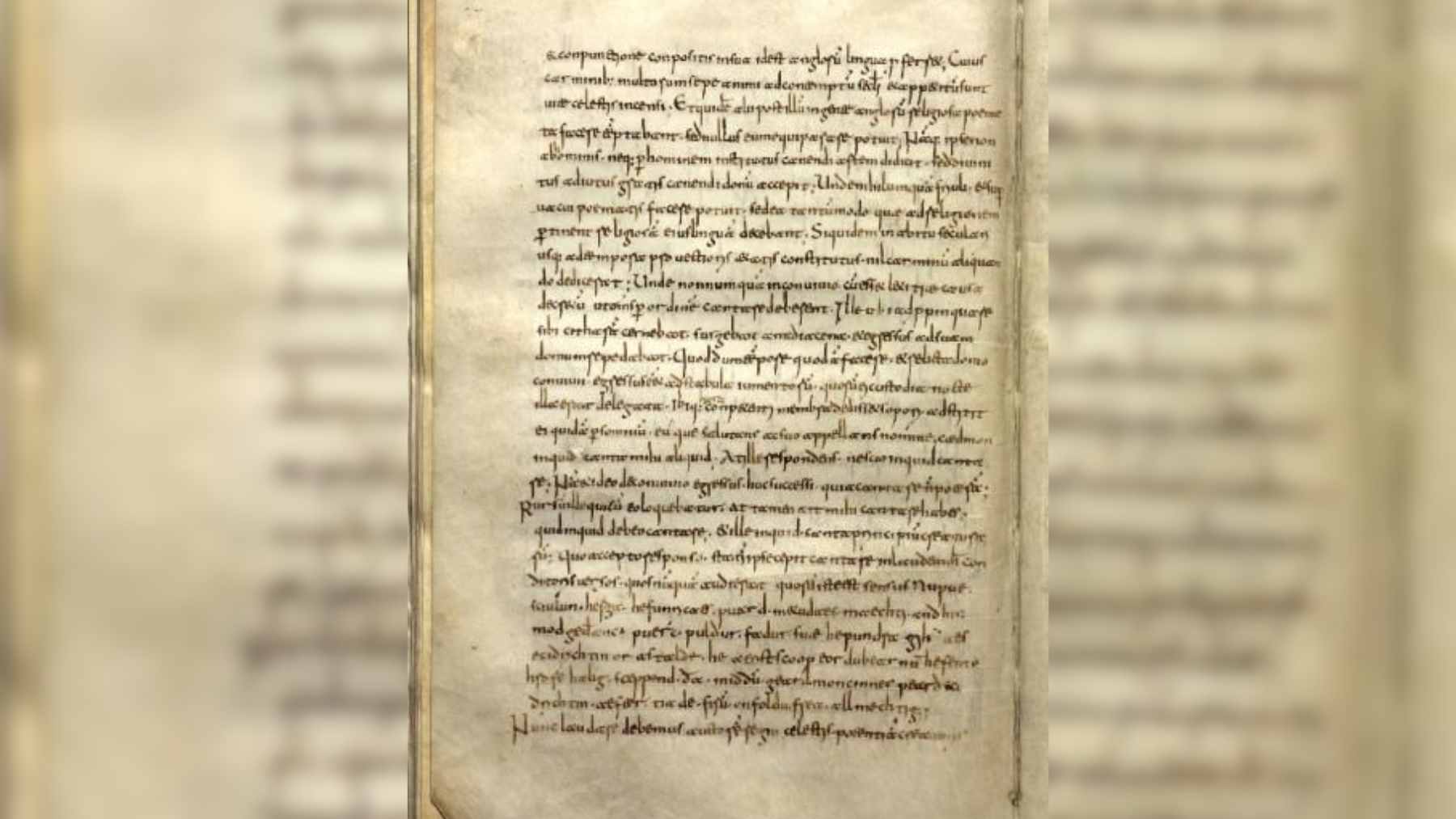 A high-resolution scan of the 9th-century Latin manuscript from the National Central Library of Rome, showing Old English text of Caedmon's Hymn embedded in the main body.