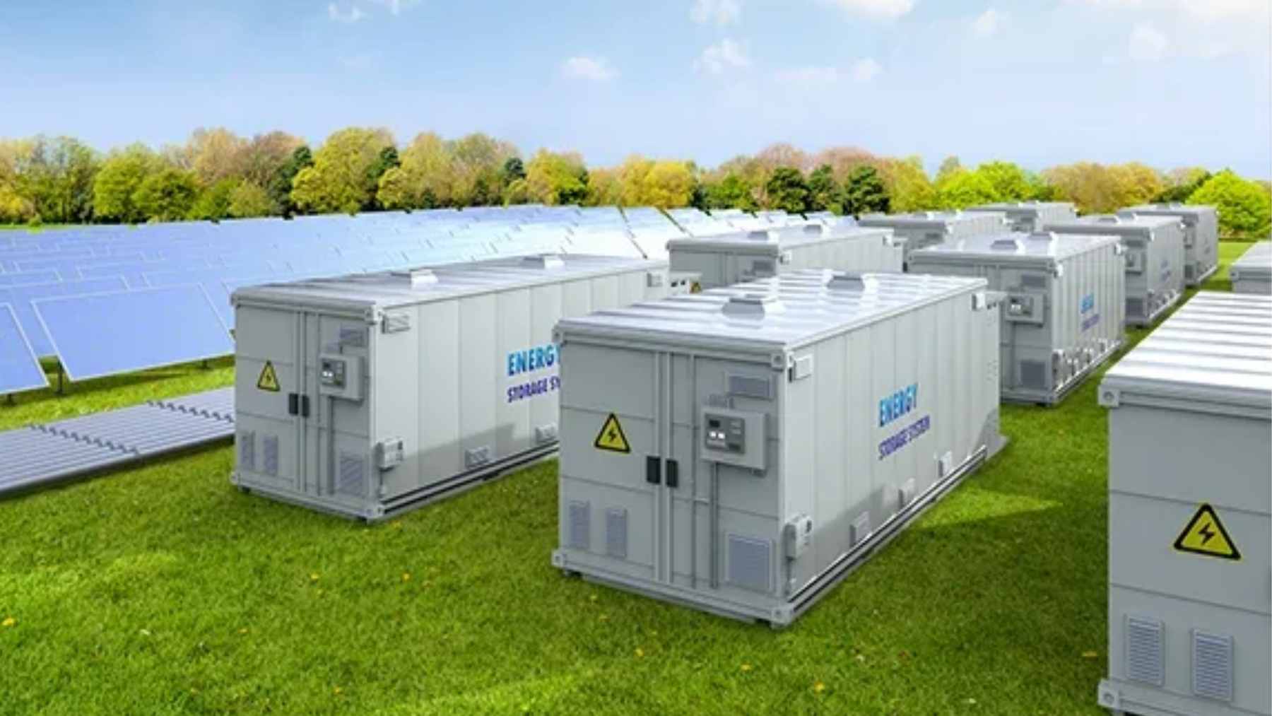 A massive grid-scale lithium-ion battery storage facility in California discharging clean energy to the electrical grid.