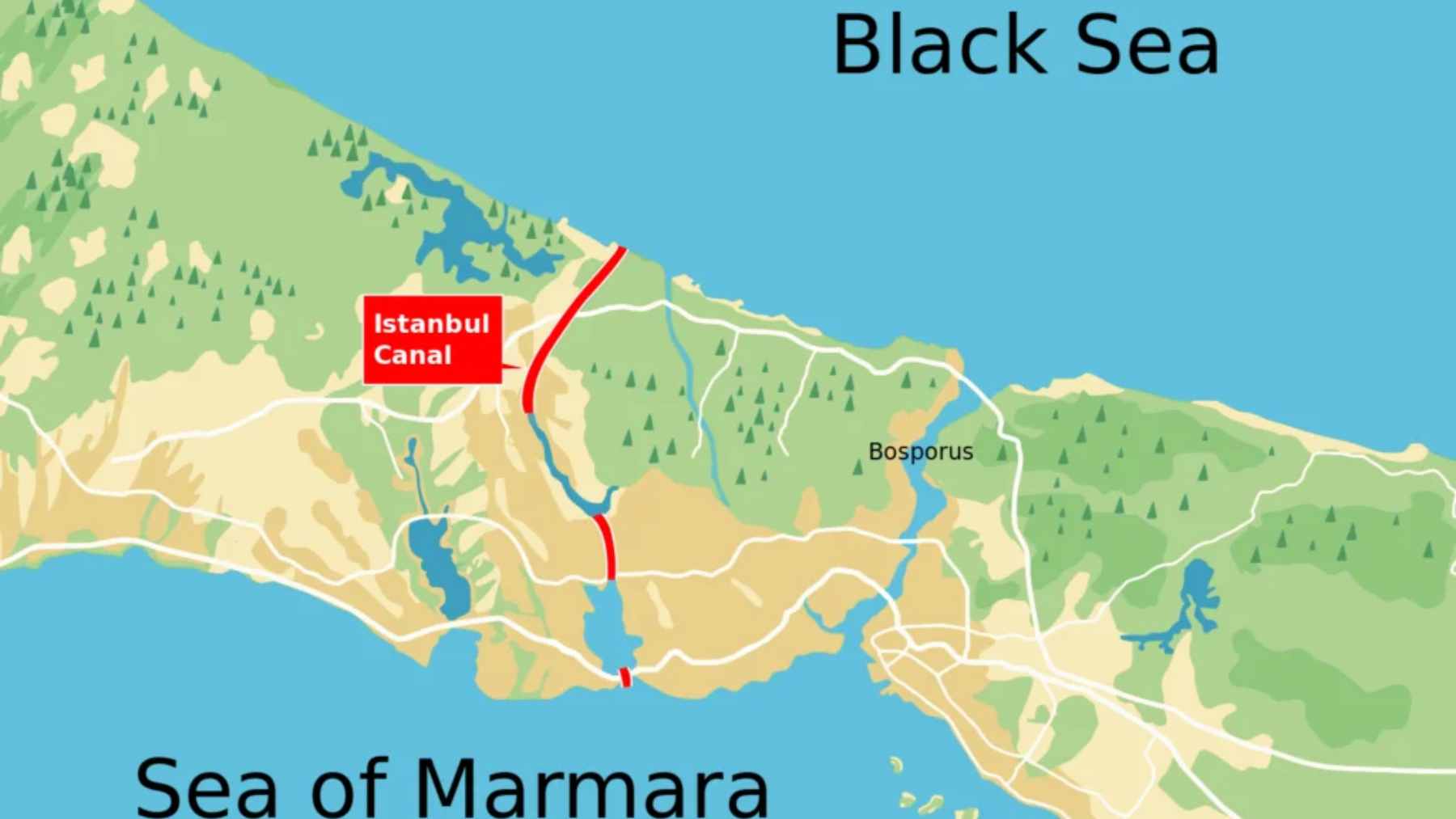 A map graphic illustrating the proposed route of Canal Istanbul running parallel to the natural Bosphorus Strait in Turkey.