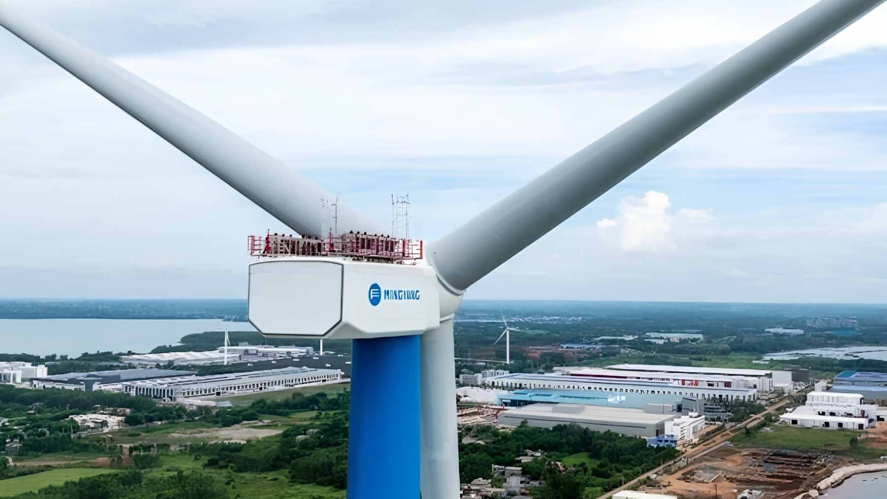 Massive Mingyang 20 MW offshore wind turbine installed in the South China Sea, featuring oversized blades designed for typhoon-prone waters.
