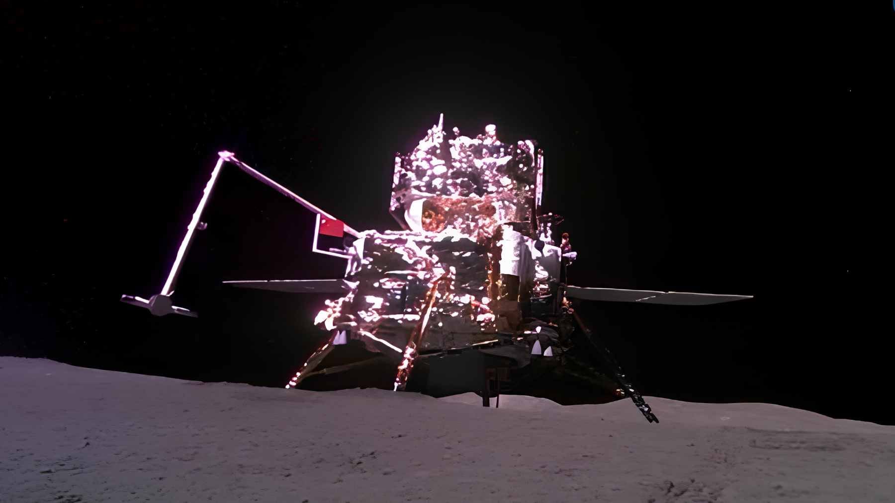 A concept rendering of the China Chang’e-8 lunar operation robot maneuvering on the Moon’s south pole with construction equipment.