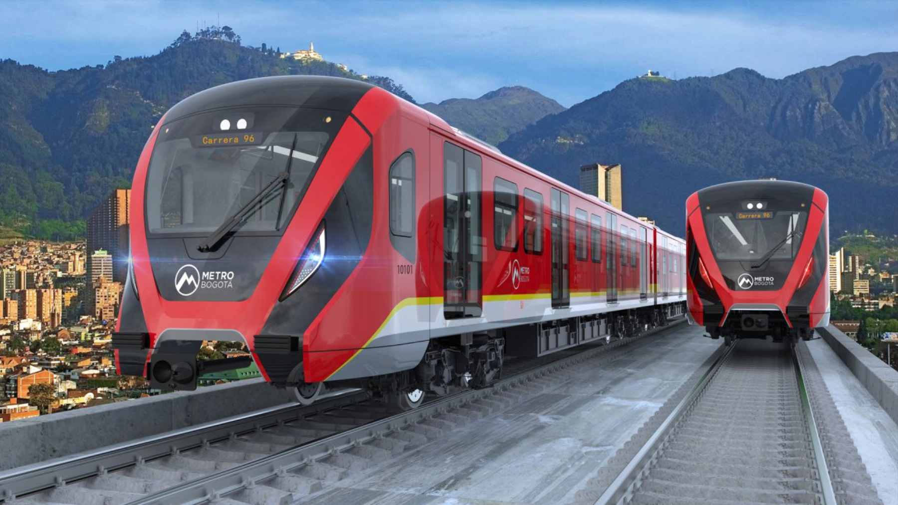 A new Chinese-manufactured automatic train car for the Bogotá Metro Line 1 being unloaded at a terminal in Colombia.