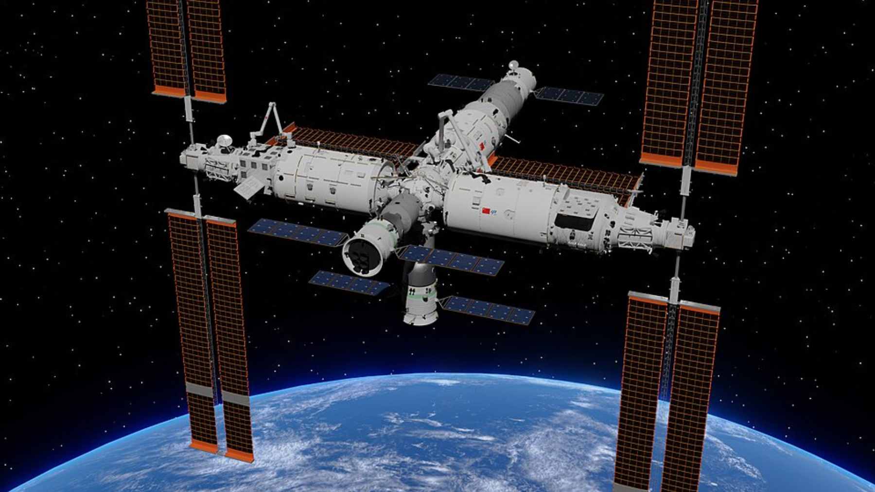 A 3D digital rendering of China's Tiangong space station expanding from its original T-shape into a larger cross-shaped configuration.