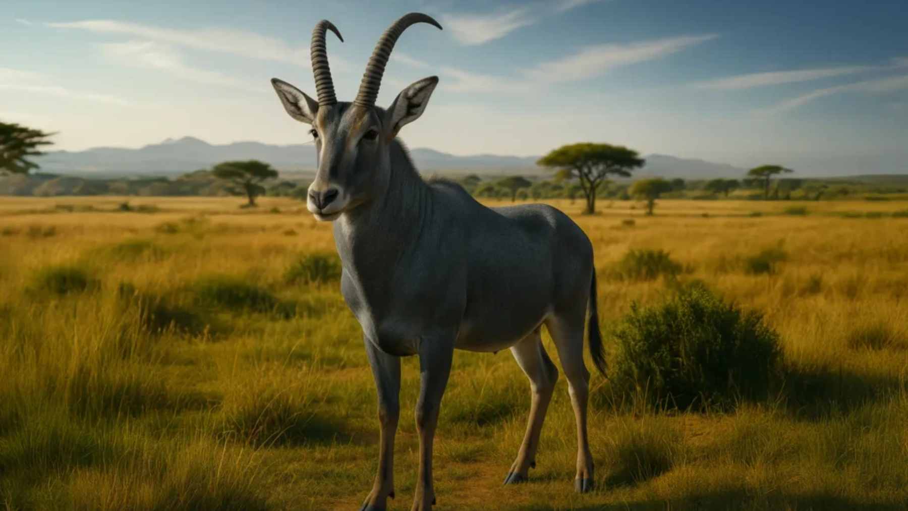 Artistic reconstruction of an extinct bluebuck antelope standing in a South African grassland.
