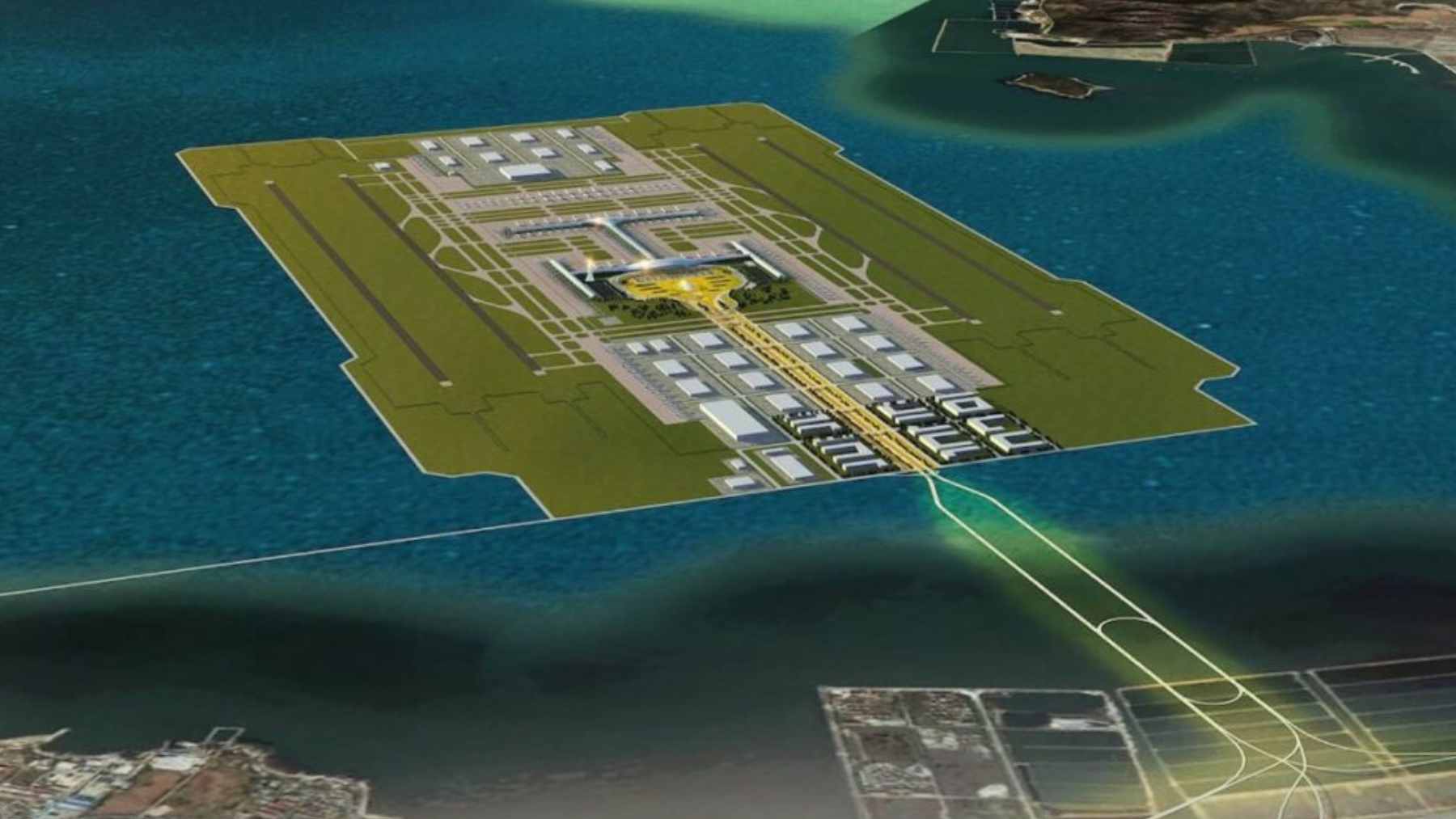 Aerial view of the massive land reclamation progress for the Dalian Jinzhouwan International Airport in China.