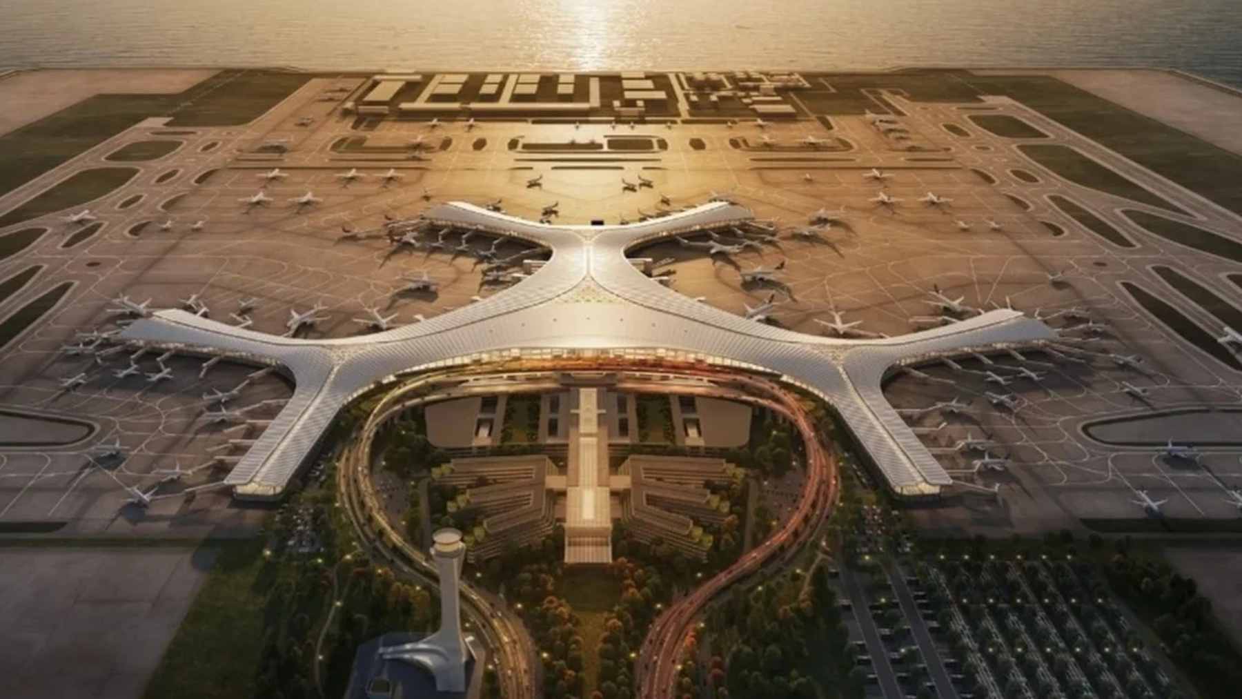 Aerial view of the massive land reclamation progress for the Dalian Jinzhouwan International Airport in China.