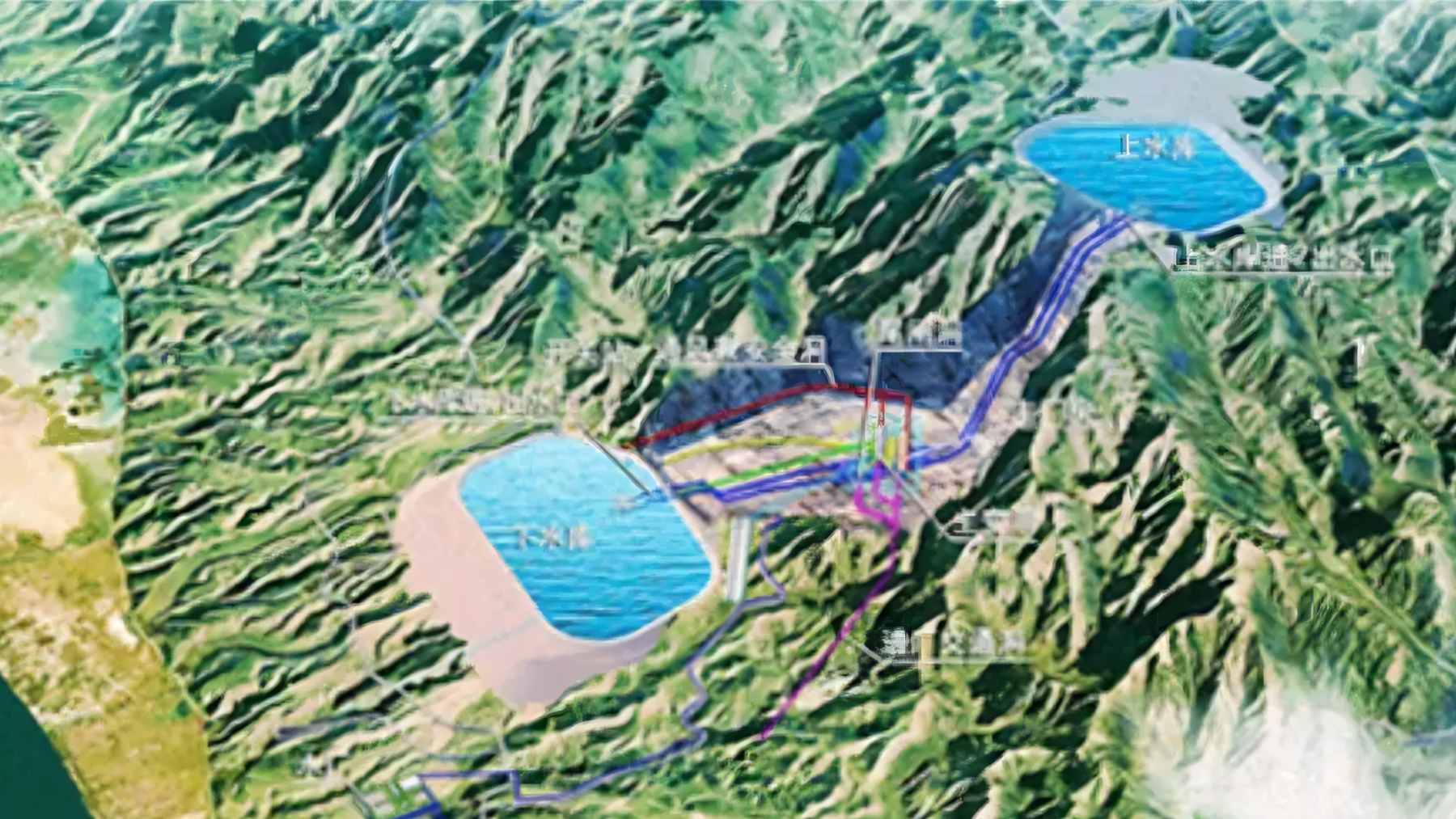 An engineering schematic of the Daofu pumped-storage hydropower plant showing the upper and lower reservoirs connected by mountain tunnels in Sichuan.