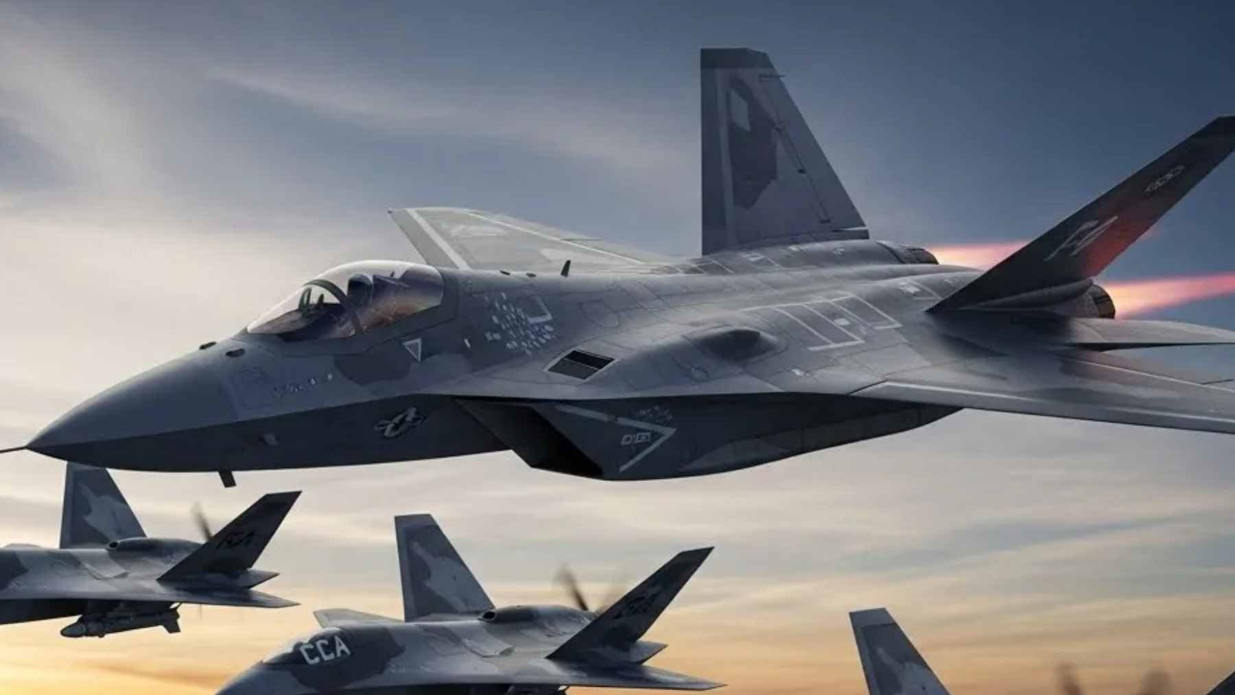 A conceptual rendering of the F-47 sixth-generation stealth fighter flying alongside uncrewed collaborative combat aircraft.