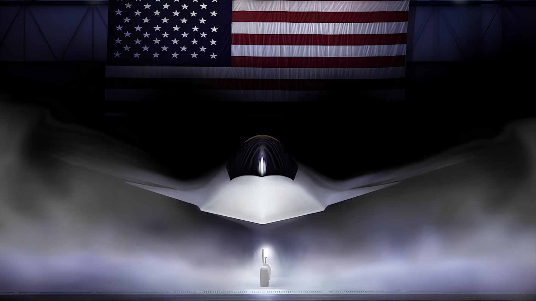 A conceptual rendering of the F-47 sixth-generation stealth fighter flying alongside uncrewed collaborative combat aircraft.