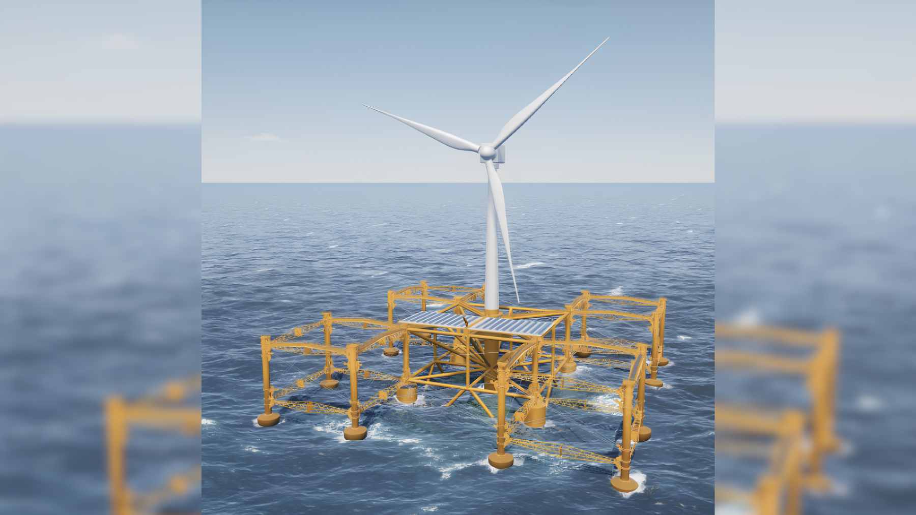 A digital rendering of the Flex2Power hybrid offshore platform featuring a wind turbine, solar panels, and wave energy converters in a stormy sea.