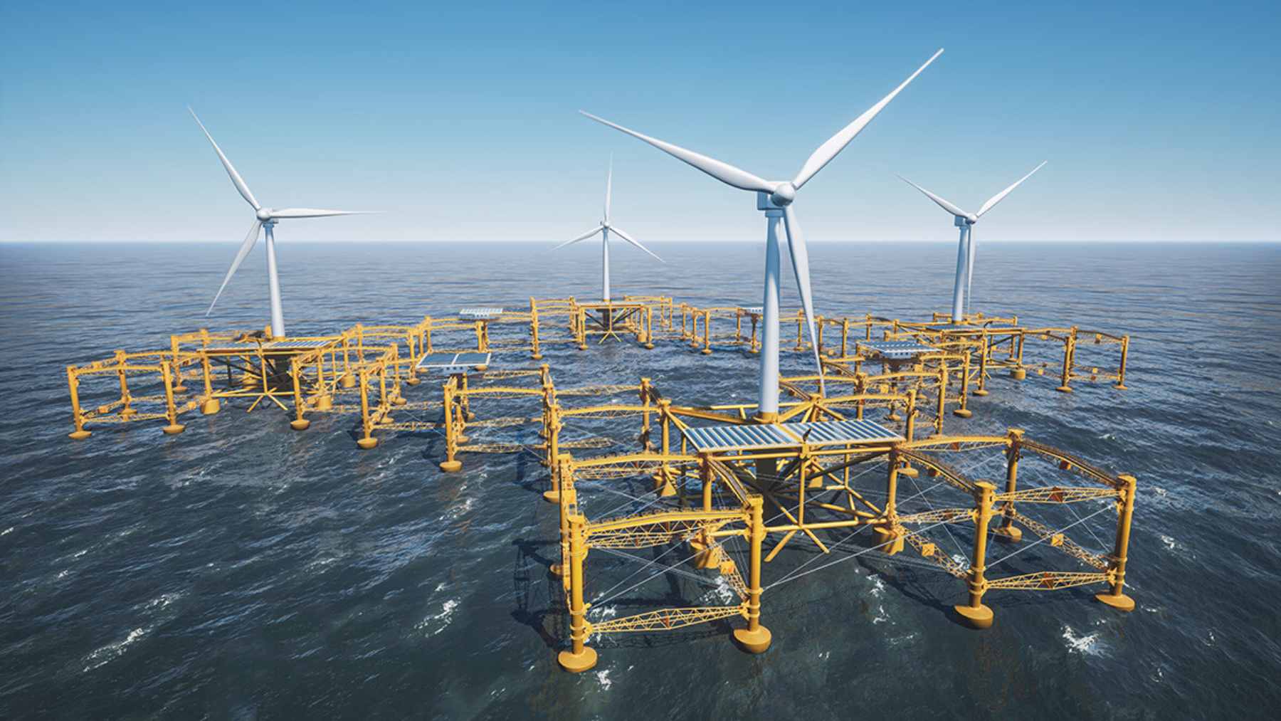 A digital rendering of the Flex2Power hybrid offshore platform featuring a wind turbine, solar panels, and wave energy converters in a stormy sea.