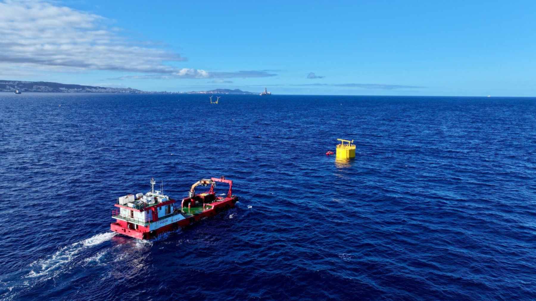 The "Don" floating OTEC platform being deployed in the Atlantic Ocean off the coast of the Canary Islands for thermal energy testing.