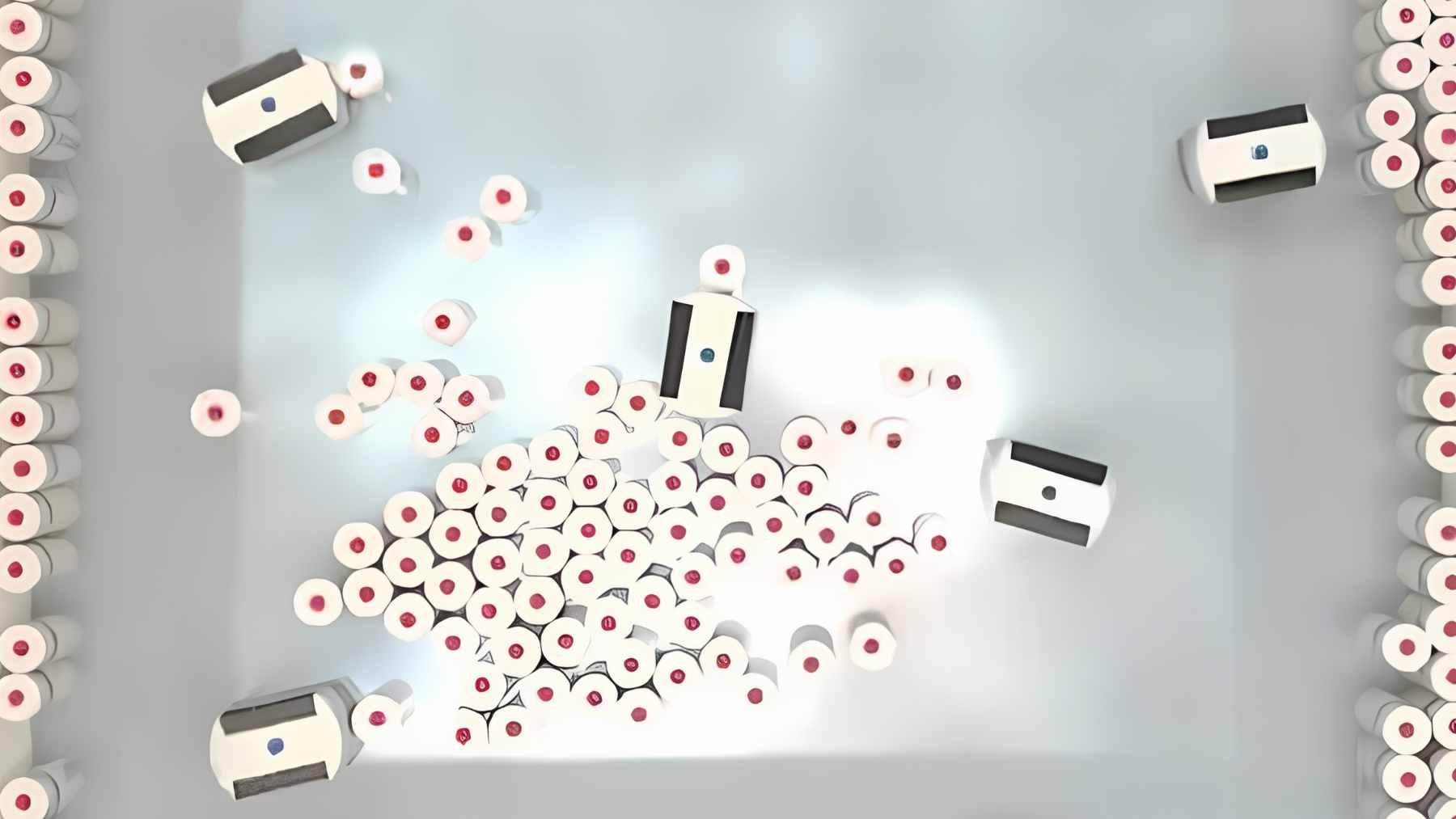 A group of small, autonomous RAnt robots working collectively to move construction blocks under a controlled light field.